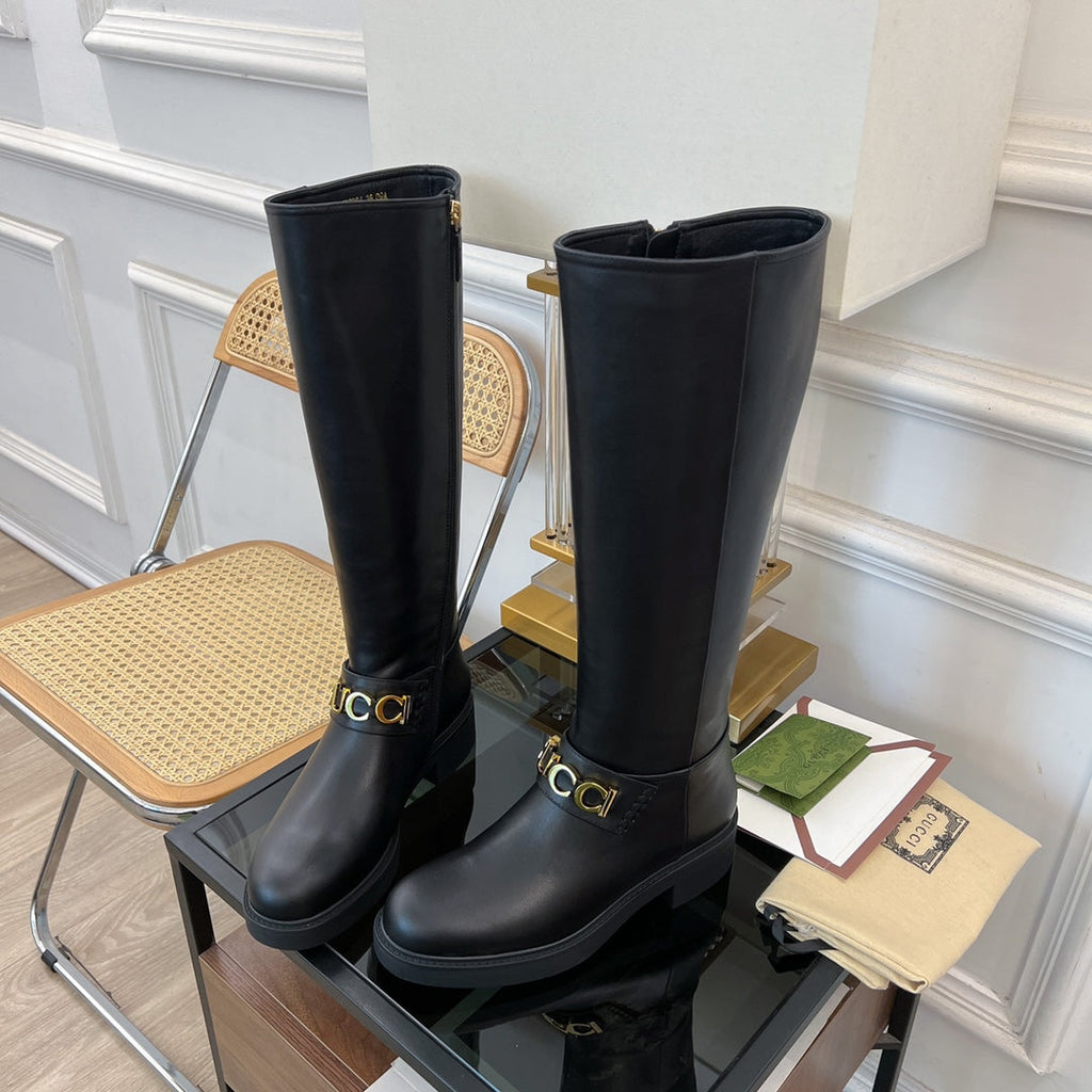 GUCCI CLASSIC LOGO KNEE HIGH BOOTS IN BLACK CALFSKIN