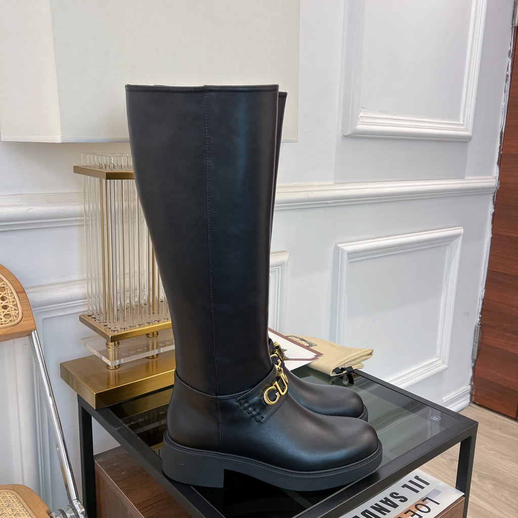 GUCCI CLASSIC LOGO KNEE HIGH BOOTS IN BLACK CALFSKIN