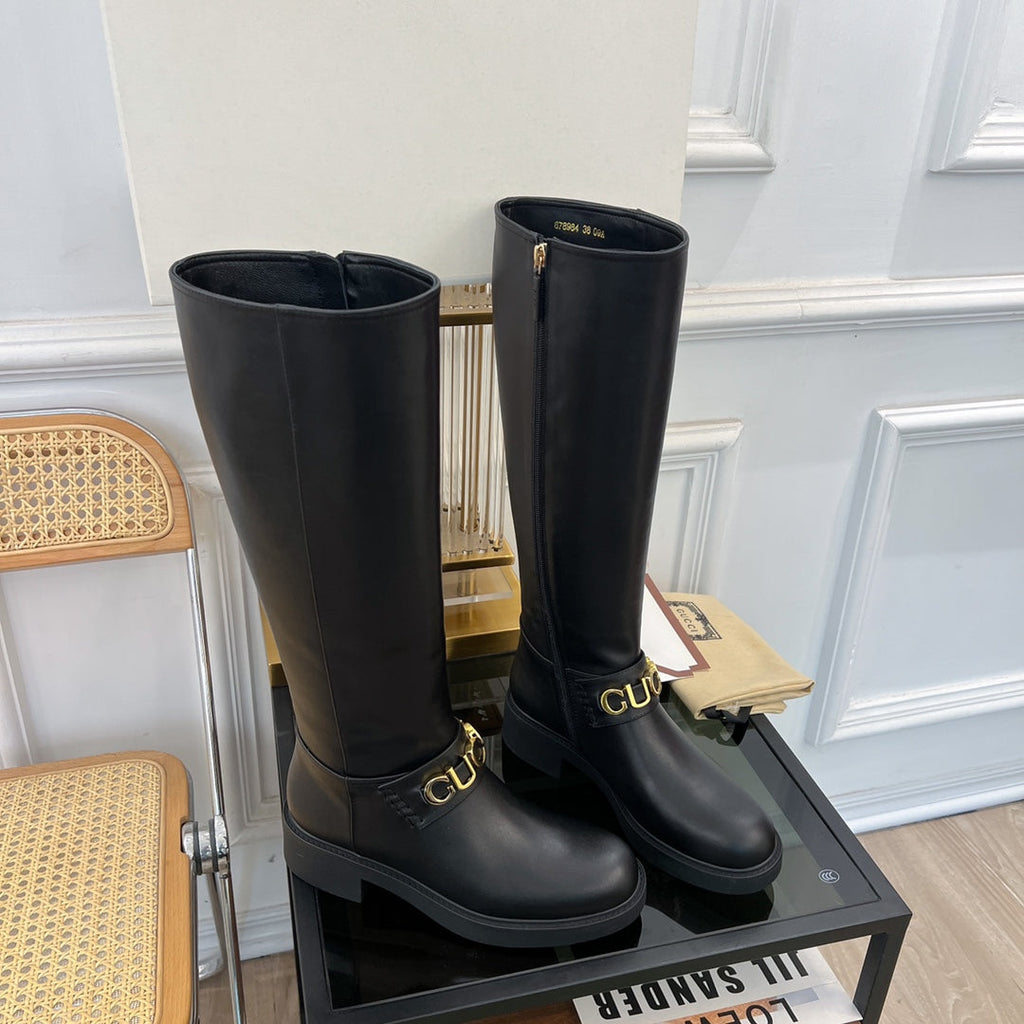 GUCCI CLASSIC LOGO KNEE HIGH BOOTS IN BLACK CALFSKIN