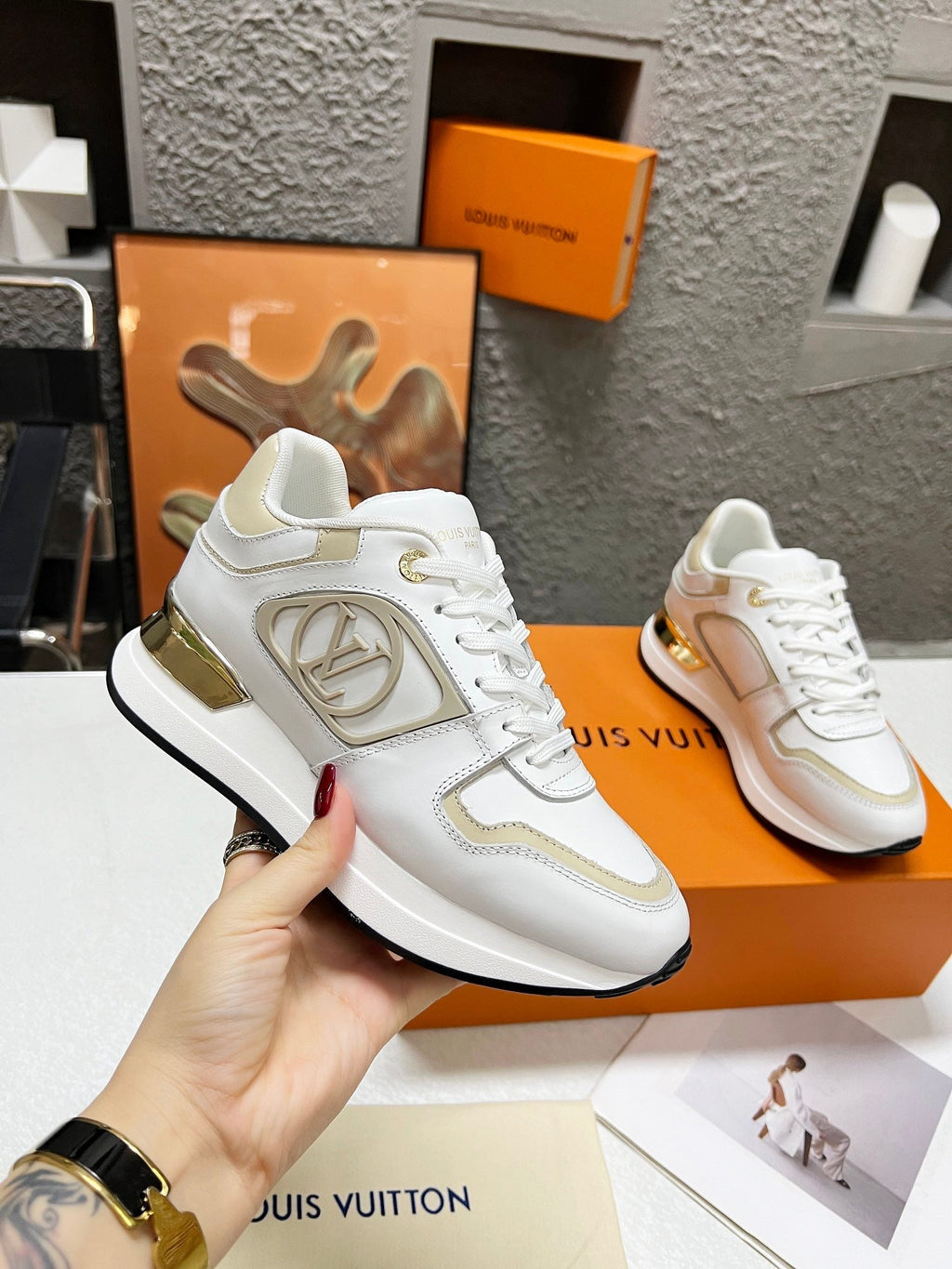 LOUIS VUITTON LV WOMEN SNEAKER IN WHITE MIX BEIGE CREAM CALFSKIN
