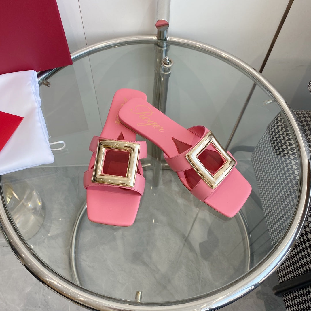 VIV' BY THE SEA LOVE METAL MULES IN PINK CALFSKIN GOLD BUCKLE