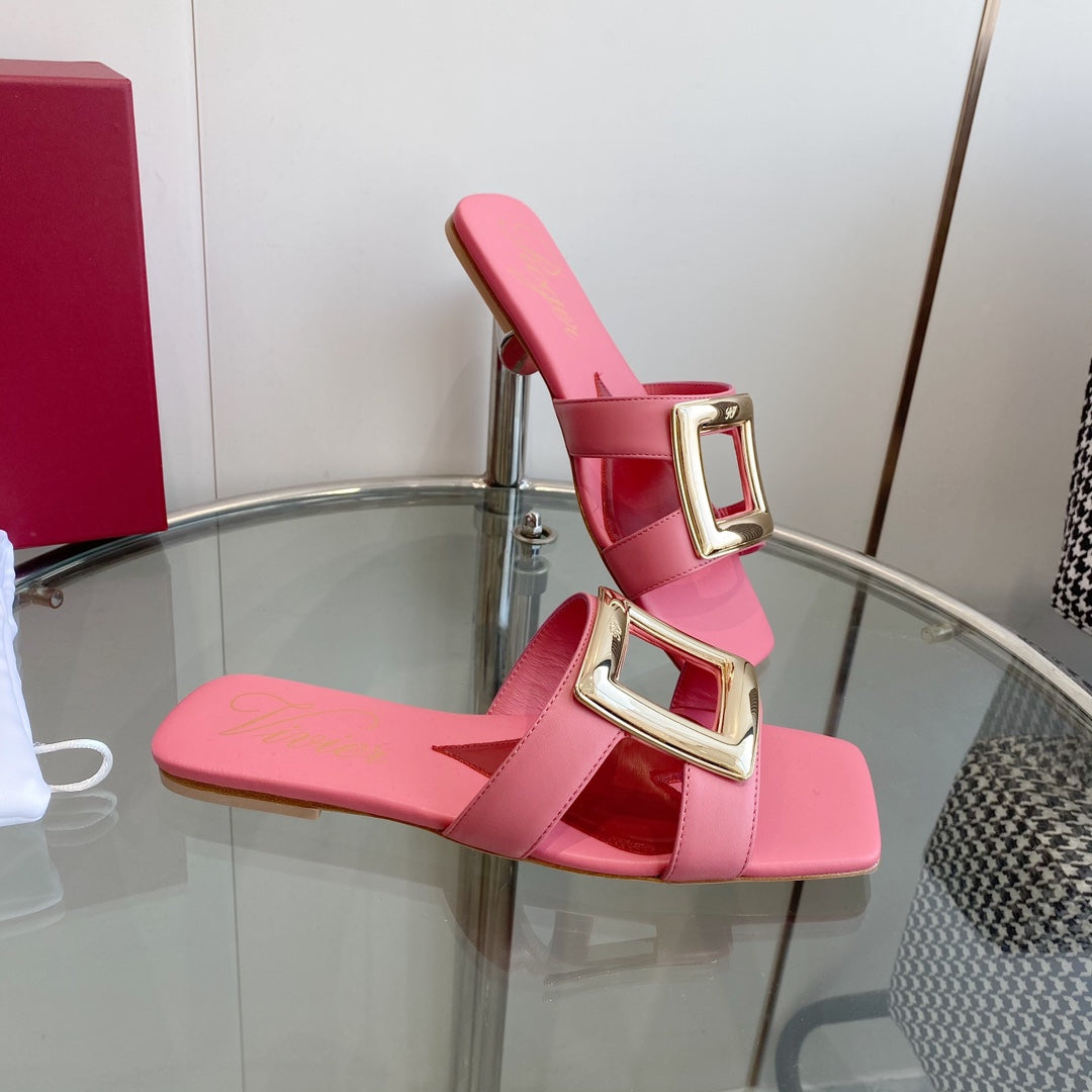 VIV' BY THE SEA LOVE METAL MULES IN PINK CALFSKIN GOLD BUCKLE
