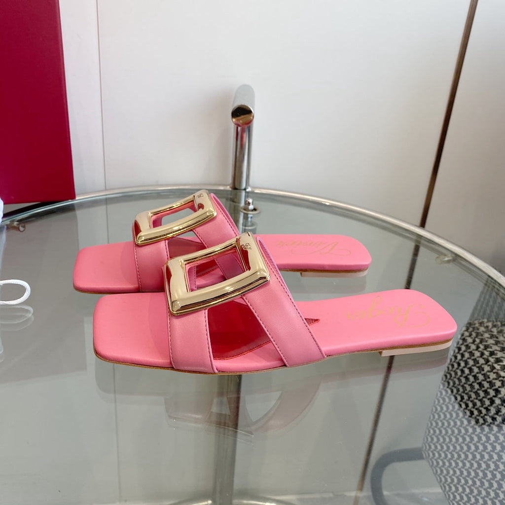VIV' BY THE SEA LOVE METAL MULES IN PINK CALFSKIN GOLD BUCKLE