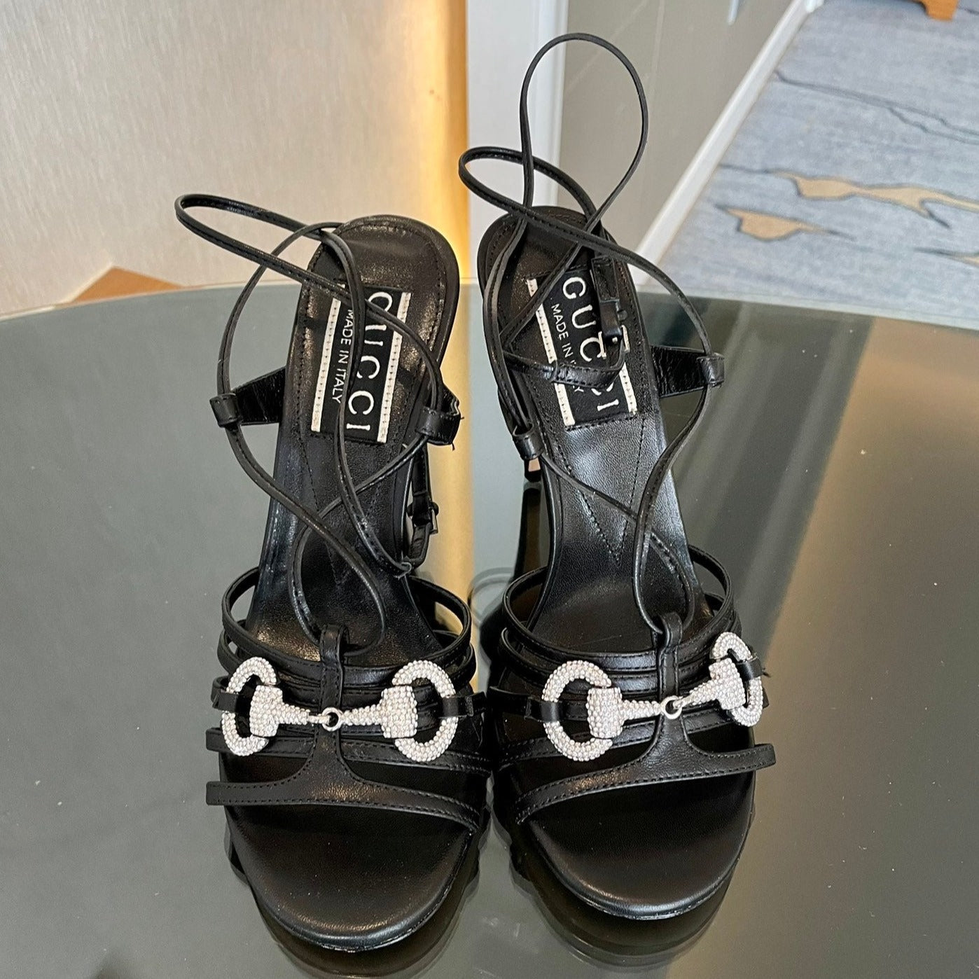 GUCCI CRYSTAL HORSEBIT SANDAL BLACK LAMBSKIN