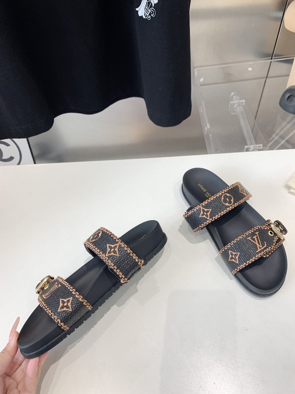 LOUIS VUITTON LV WOMEN SUNSET DAD SANDAL IN BLACK MONOGRAM FABRIC MULE