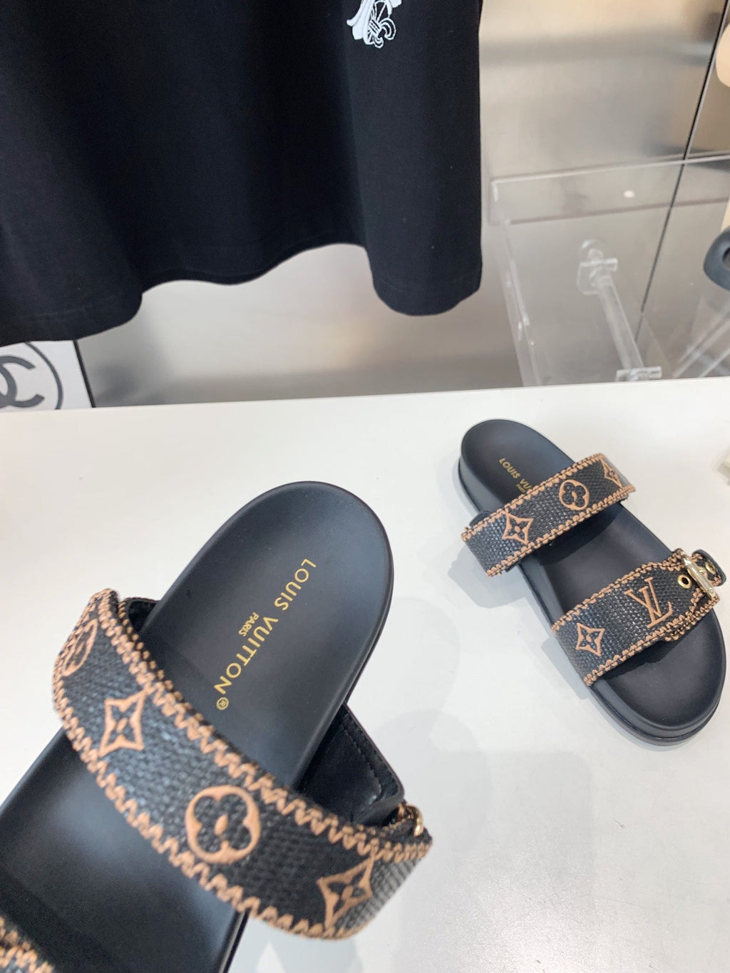 LOUIS VUITTON LV WOMEN SUNSET DAD SANDAL IN BLACK MONOGRAM FABRIC MULE