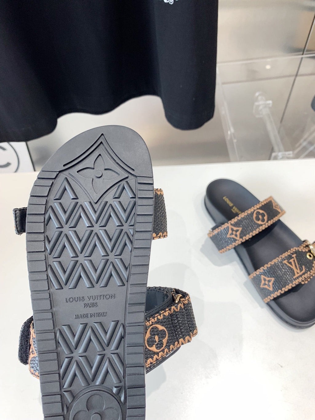 LOUIS VUITTON LV WOMEN SUNSET DAD SANDAL IN BLACK MONOGRAM FABRIC MULE