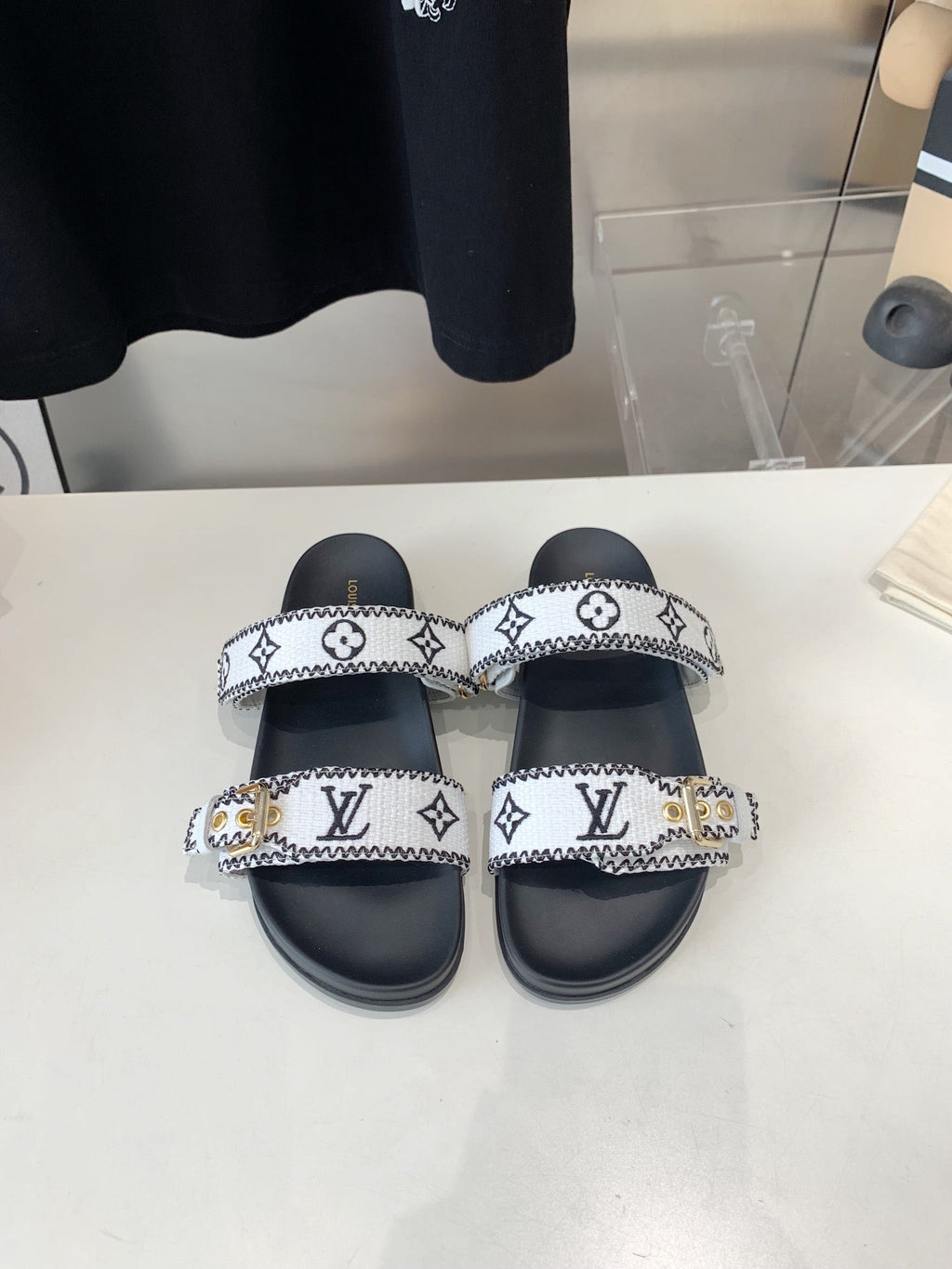 LOUIS VUITTON LV WOMEN SUNSET DAD SANDAL IN WHITE MIX BLACK MONOGRAM FABRIC MULE