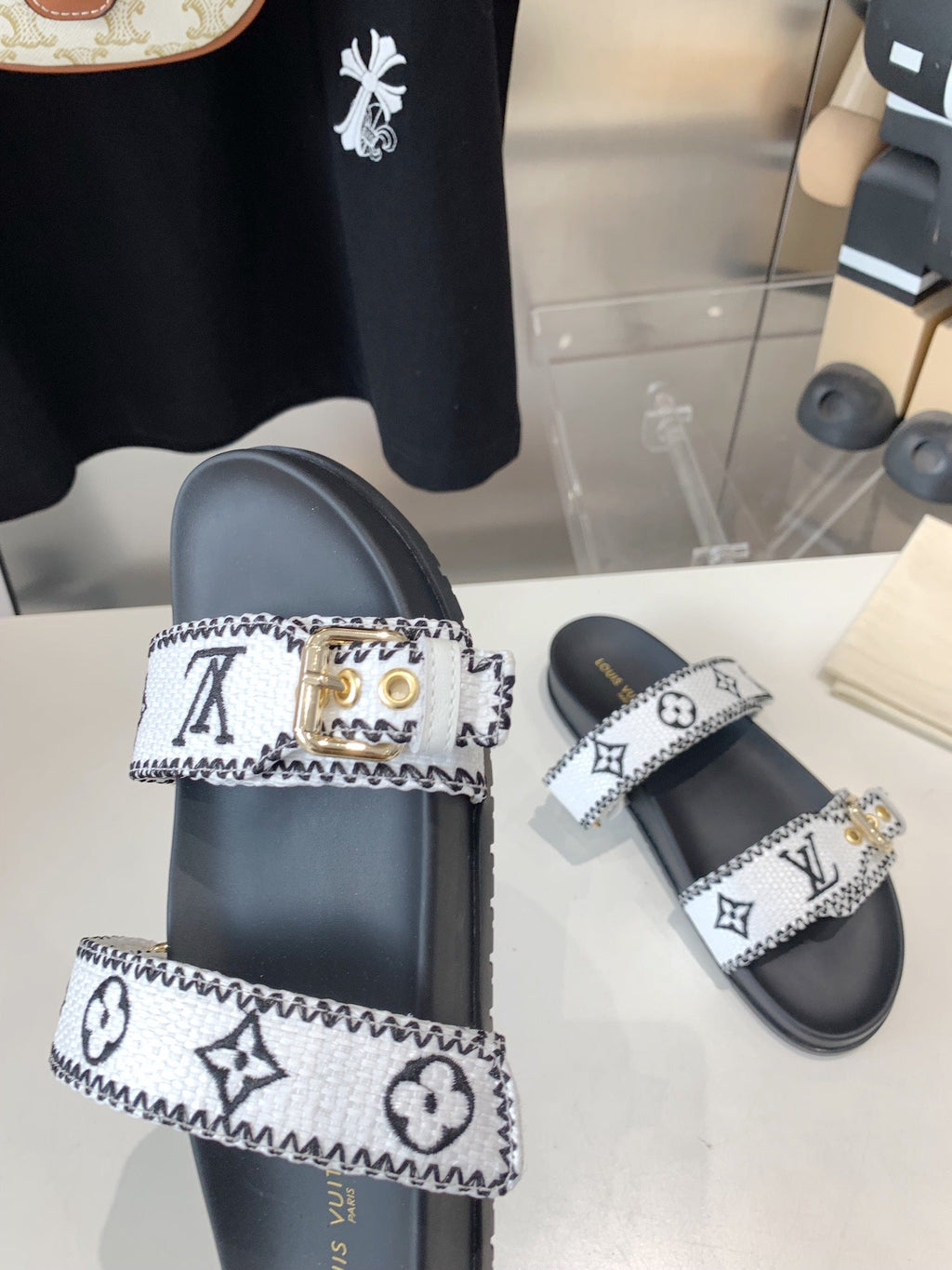 LOUIS VUITTON LV WOMEN SUNSET DAD SANDAL IN WHITE MIX BLACK MONOGRAM FABRIC MULE