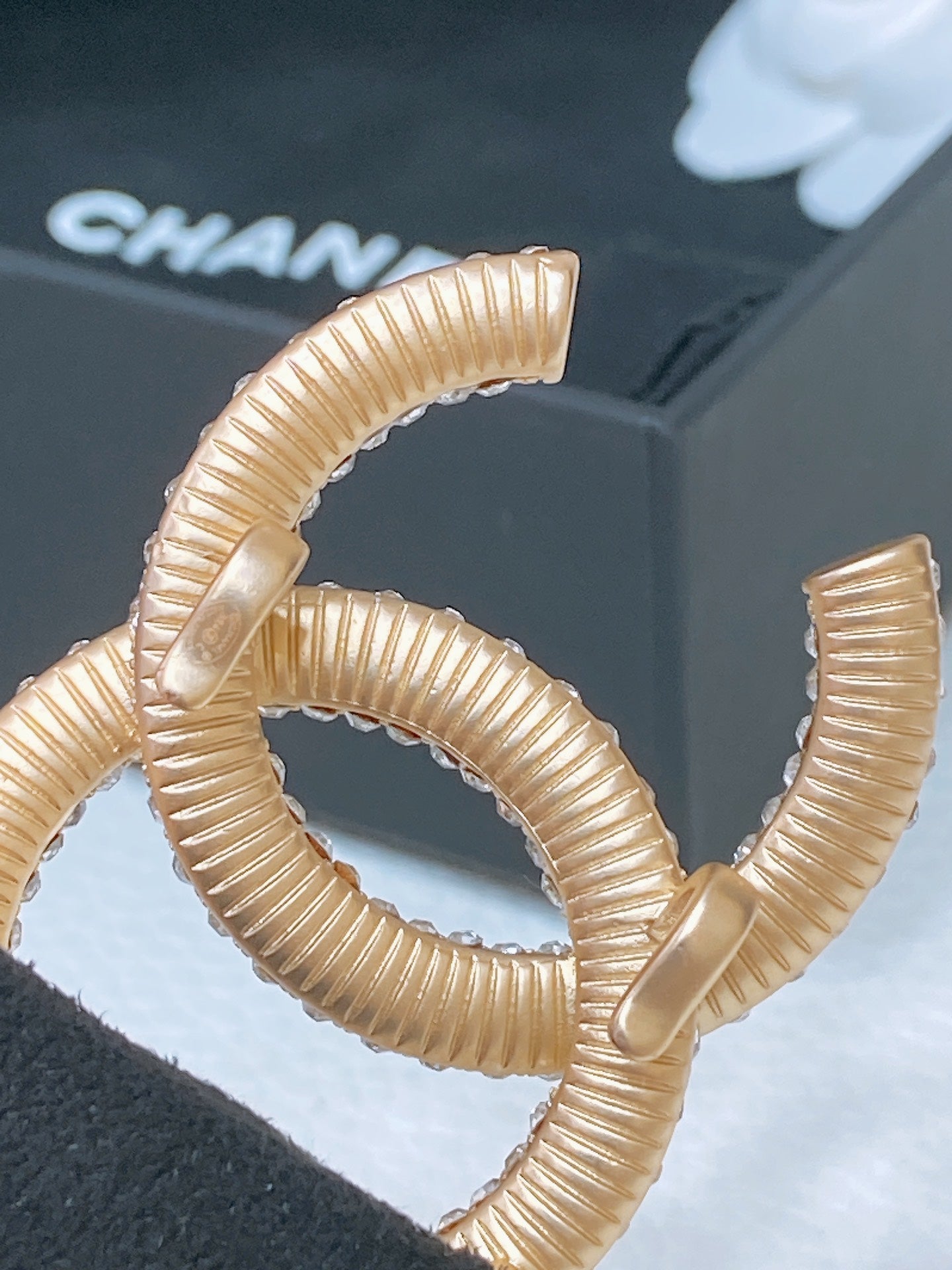 CHANEL ELASTIC BELT 30MM IN BLACK WOOL FABRIC GOLD HARDWARE WITH RHINSTONES