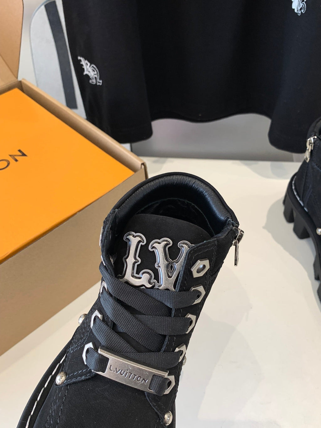 LOUIS VUITTON LV CHECKER ANKLE BOOT IN BLACK SUEDE