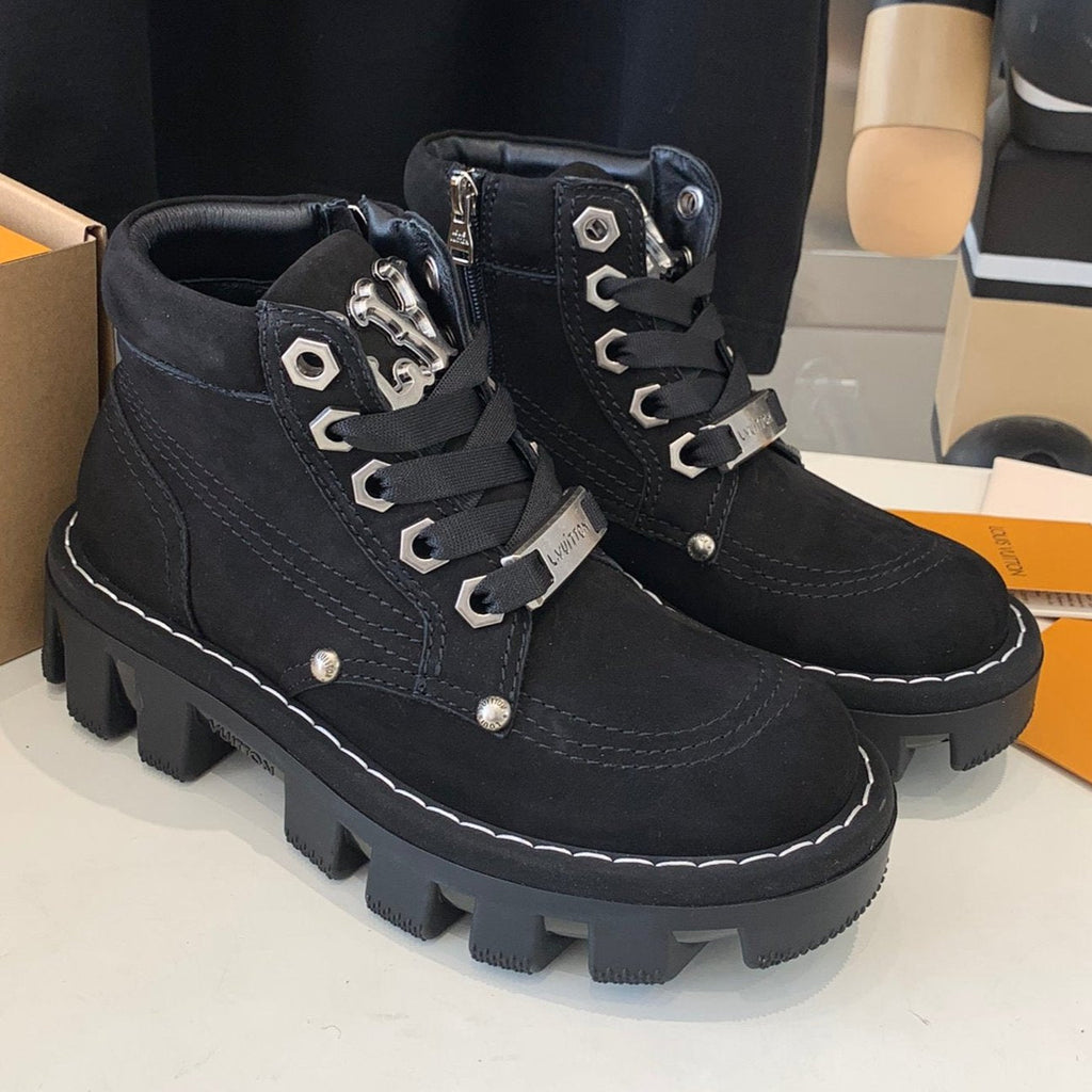 LOUIS VUITTON LV CHECKER ANKLE BOOT IN BLACK SUEDE