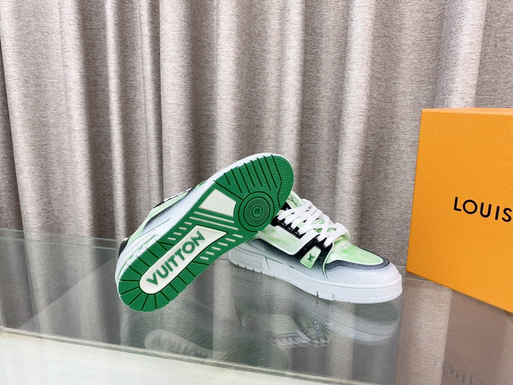 LOUIS VUITTON LV TRAINER SNEAKERS IN LIGHT GREEN OMBRE MIX COLORFUL CALFSKIN