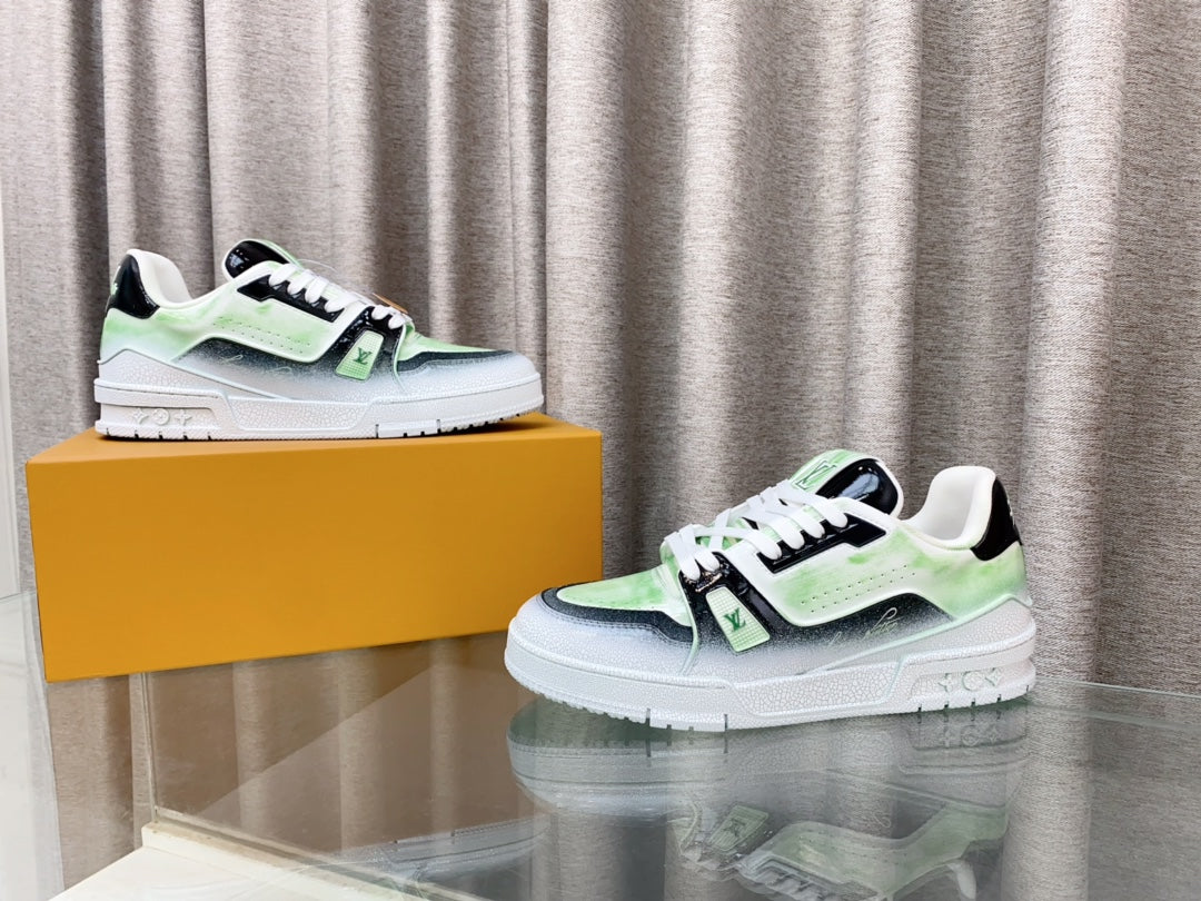 LOUIS VUITTON LV TRAINER SNEAKERS IN LIGHT GREEN OMBRE MIX COLORFUL CALFSKIN