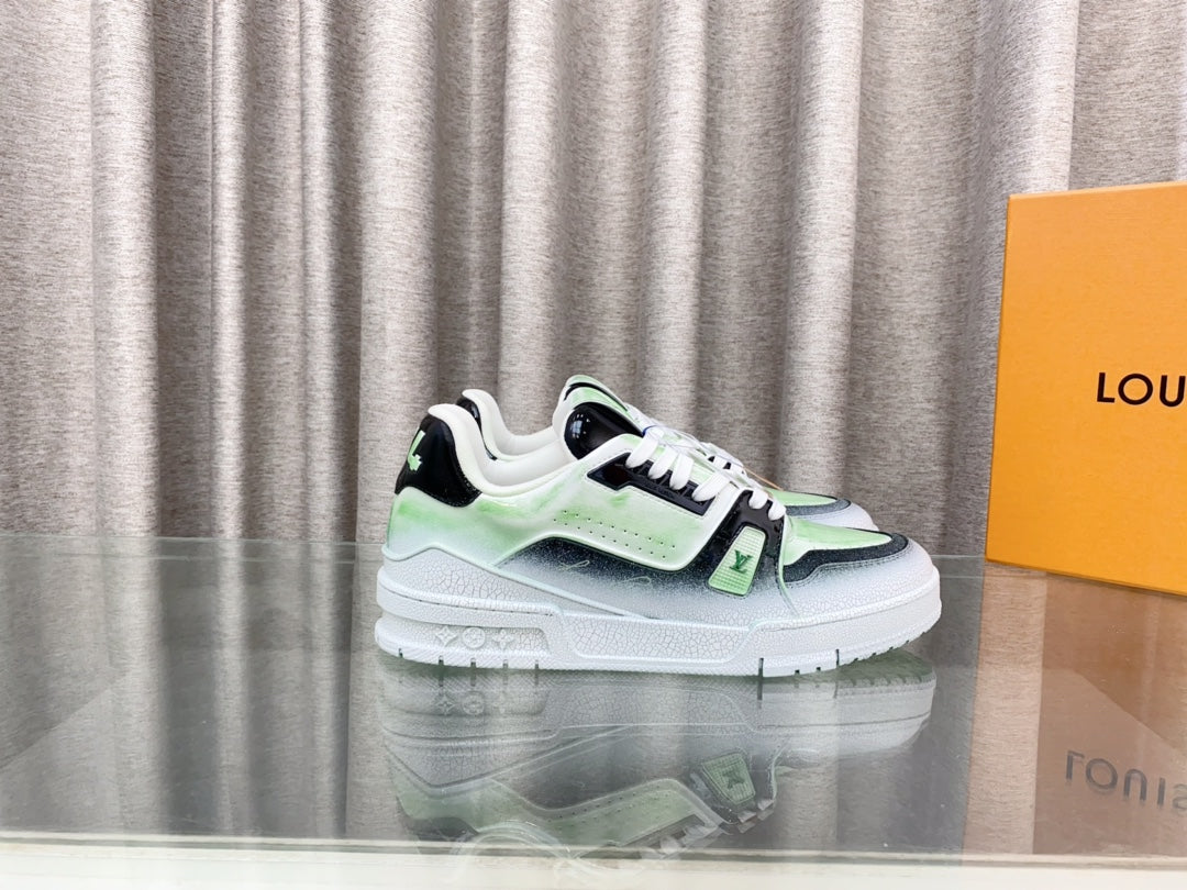 LOUIS VUITTON LV TRAINER SNEAKERS IN LIGHT GREEN OMBRE MIX COLORFUL CALFSKIN