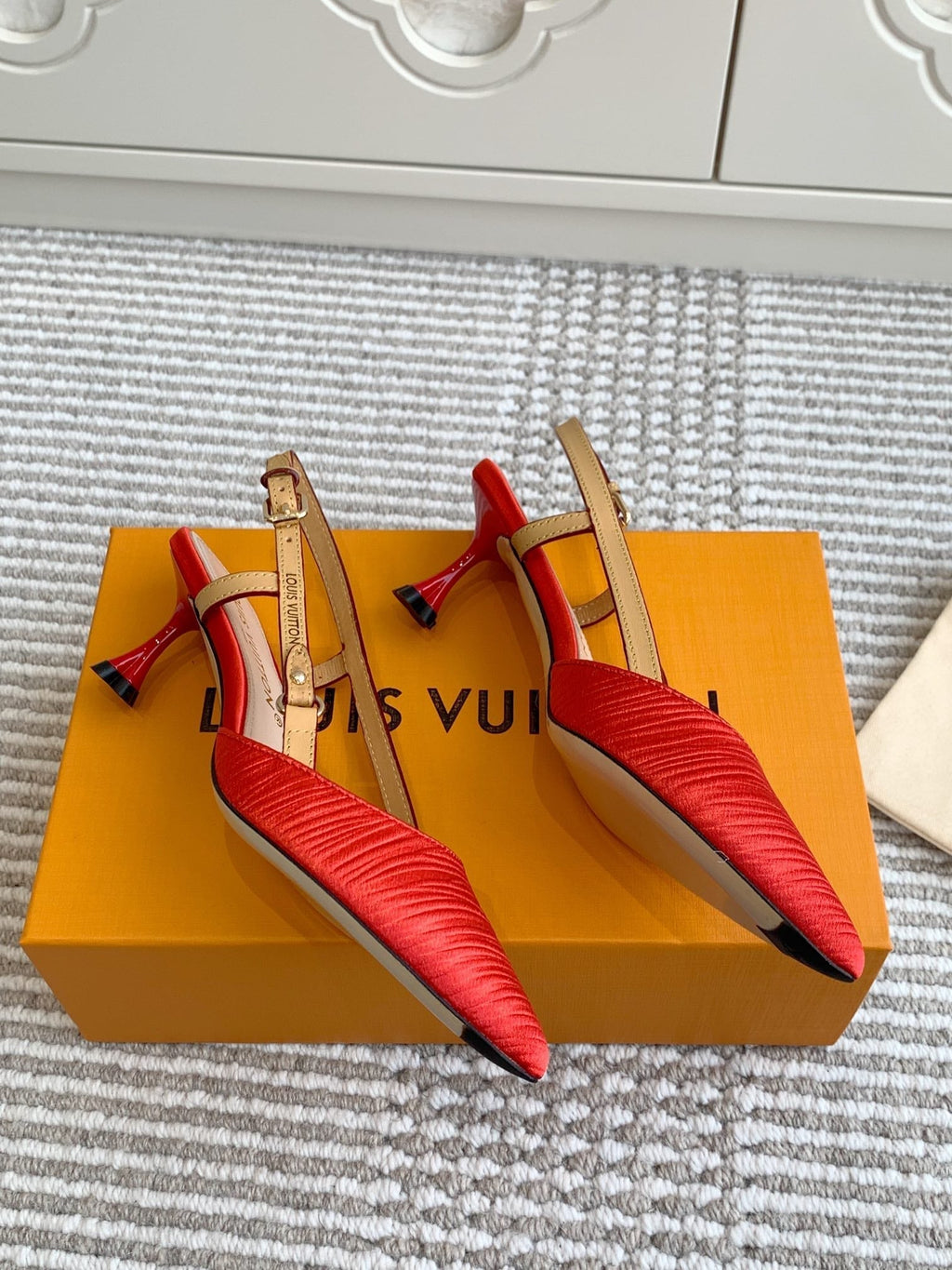 LOUIS VUITTON BLOSSOM SLINGBACKS 55 MM IN CHERRY RED IMPORTED STRIPED SILK SATIN