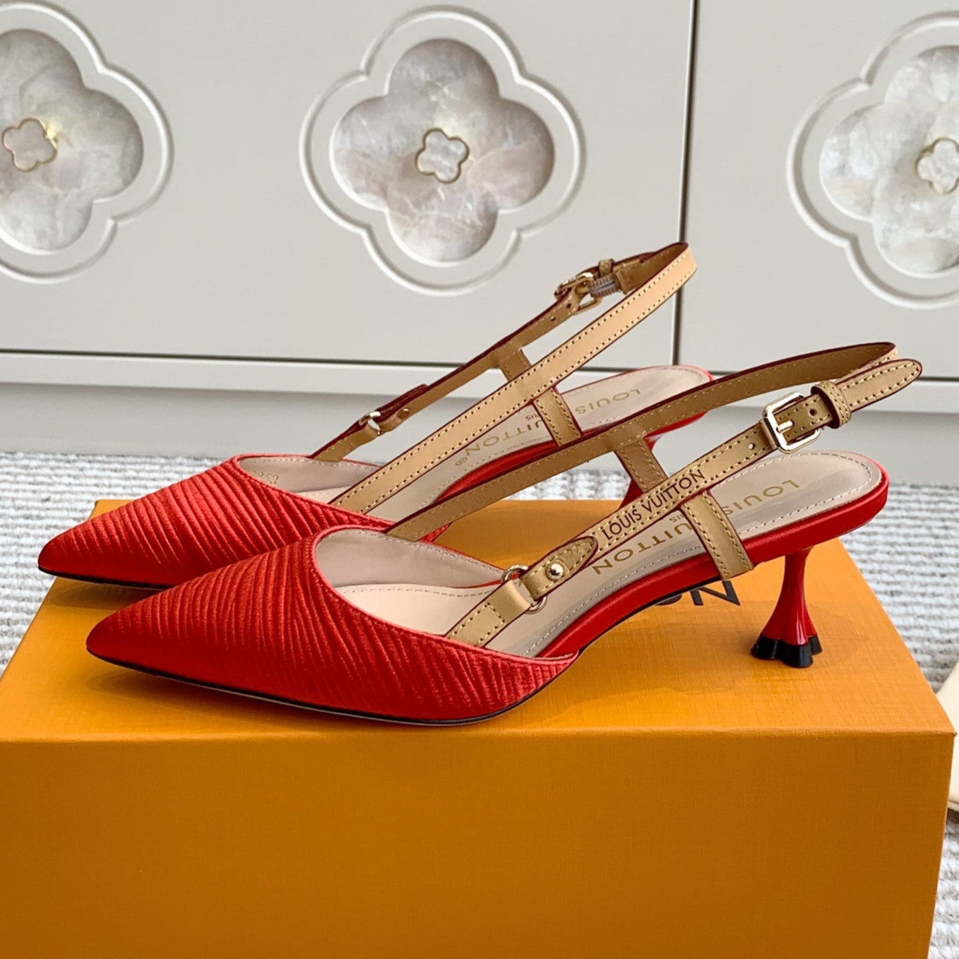 LOUIS VUITTON BLOSSOM SLINGBACKS 55 MM IN CHERRY RED IMPORTED STRIPED SILK SATIN