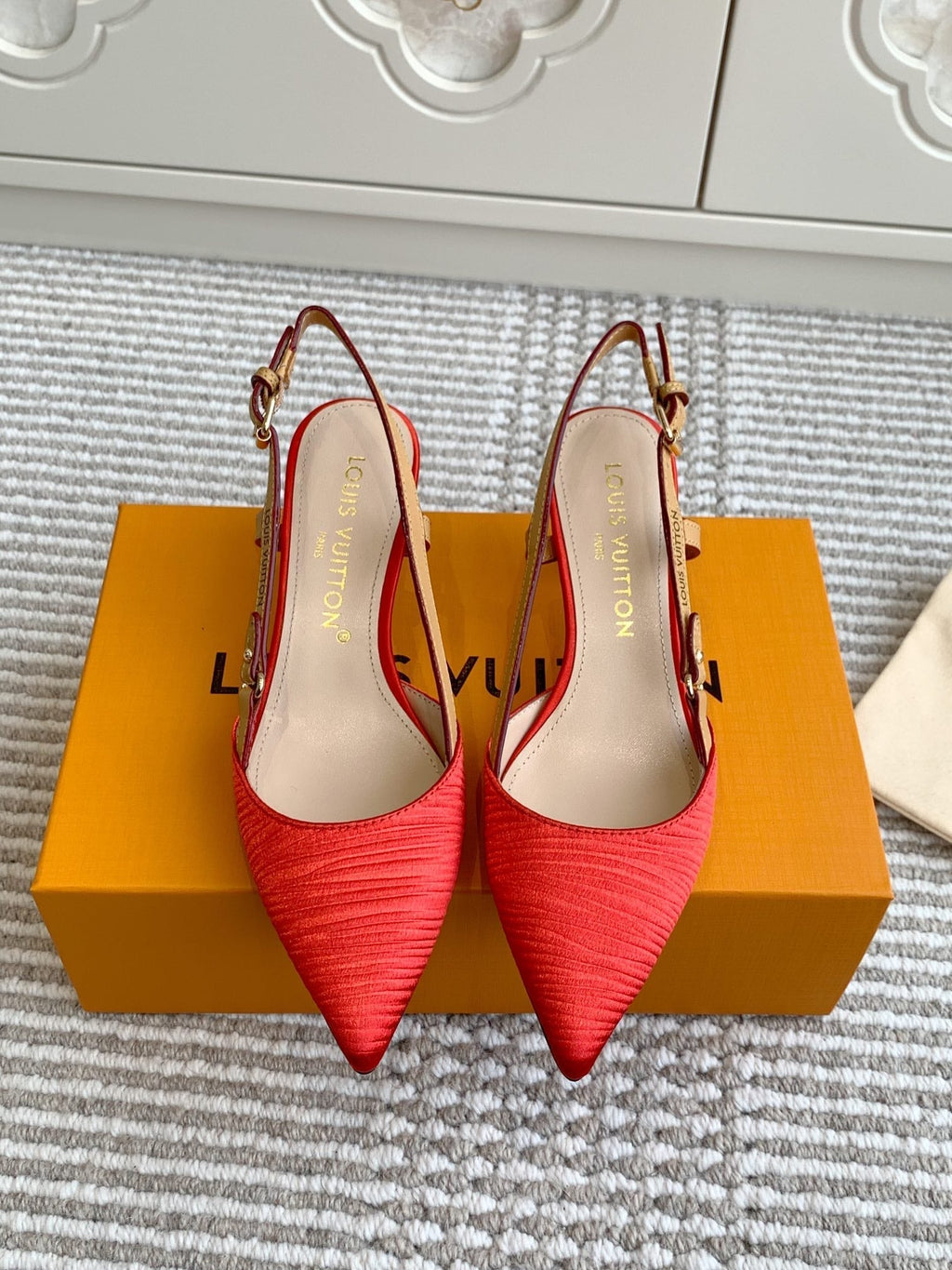 LOUIS VUITTON BLOSSOM SLINGBACKS 55 MM IN CHERRY RED IMPORTED STRIPED SILK SATIN