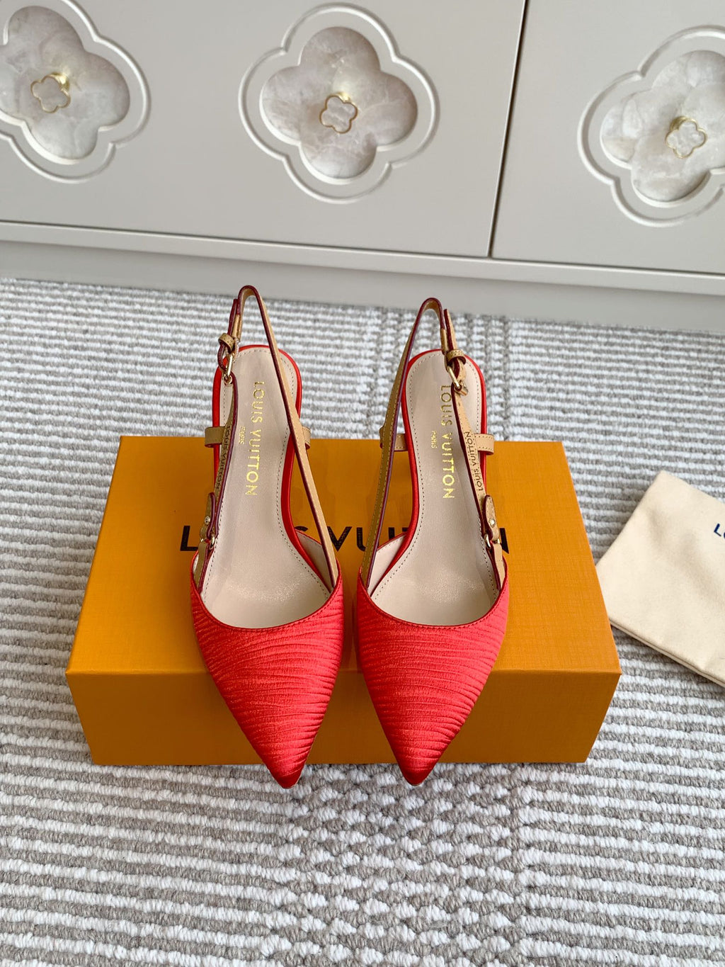 LOUIS VUITTON BLOSSOM SLINGBACKS 75 MM IN CHERRY RED IMPORTED STRIPED SILK SATIN