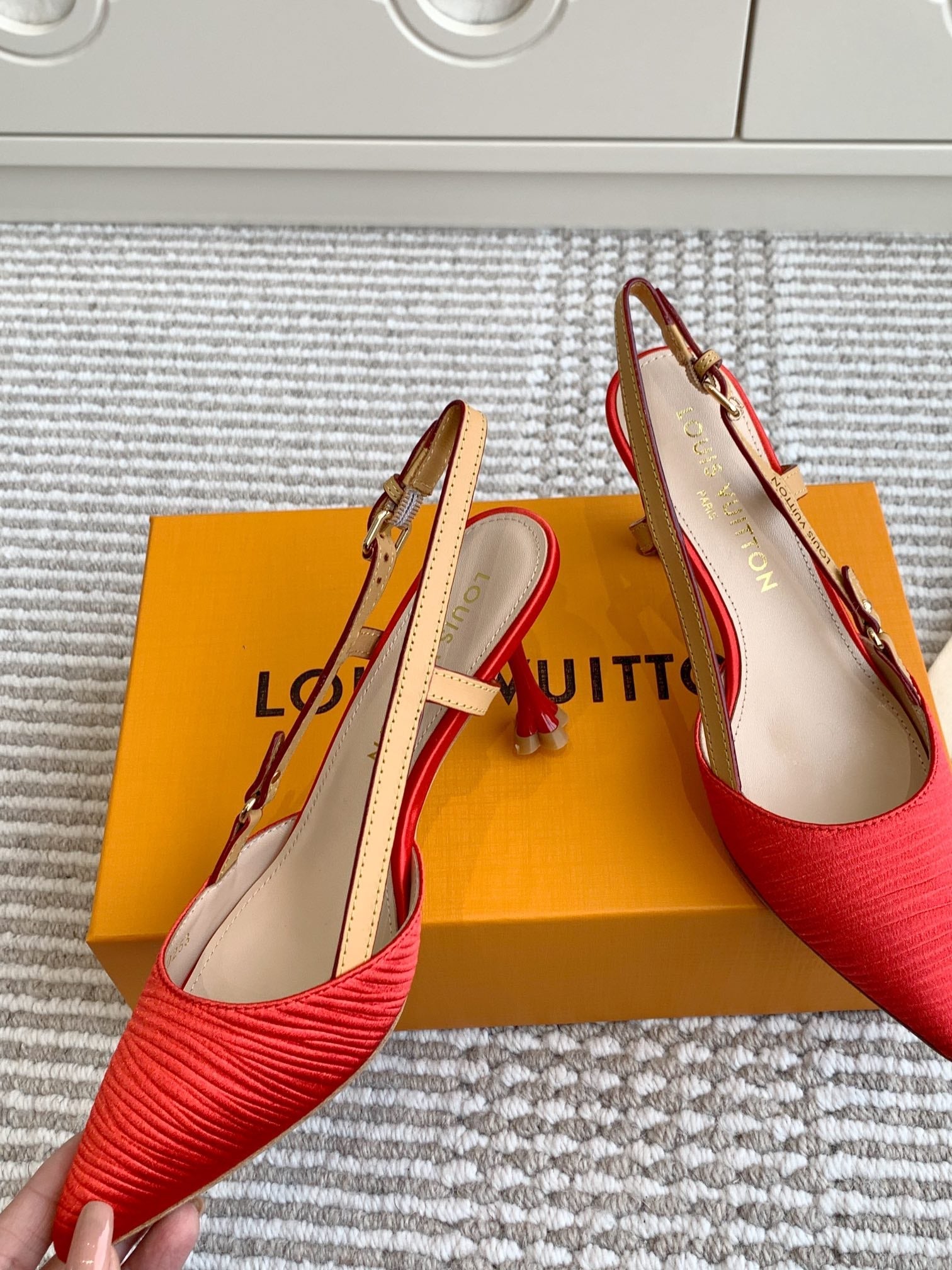 LOUIS VUITTON BLOSSOM SLINGBACKS 75 MM IN CHERRY RED IMPORTED STRIPED SILK SATIN