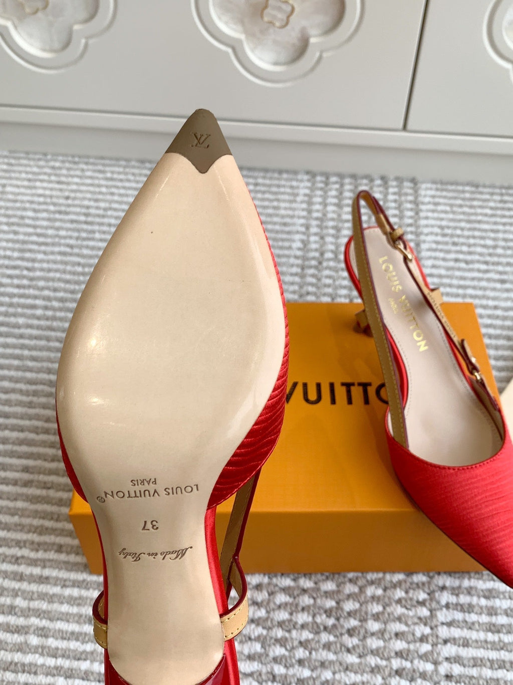 LOUIS VUITTON BLOSSOM SLINGBACKS 75 MM IN CHERRY RED IMPORTED STRIPED SILK SATIN
