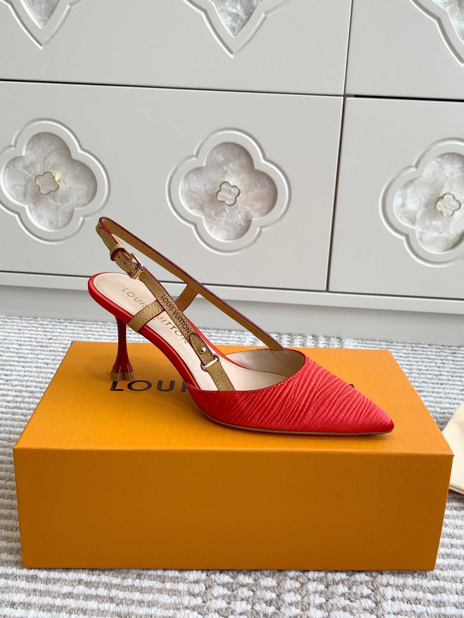 LOUIS VUITTON BLOSSOM SLINGBACKS 75 MM IN CHERRY RED IMPORTED STRIPED SILK SATIN
