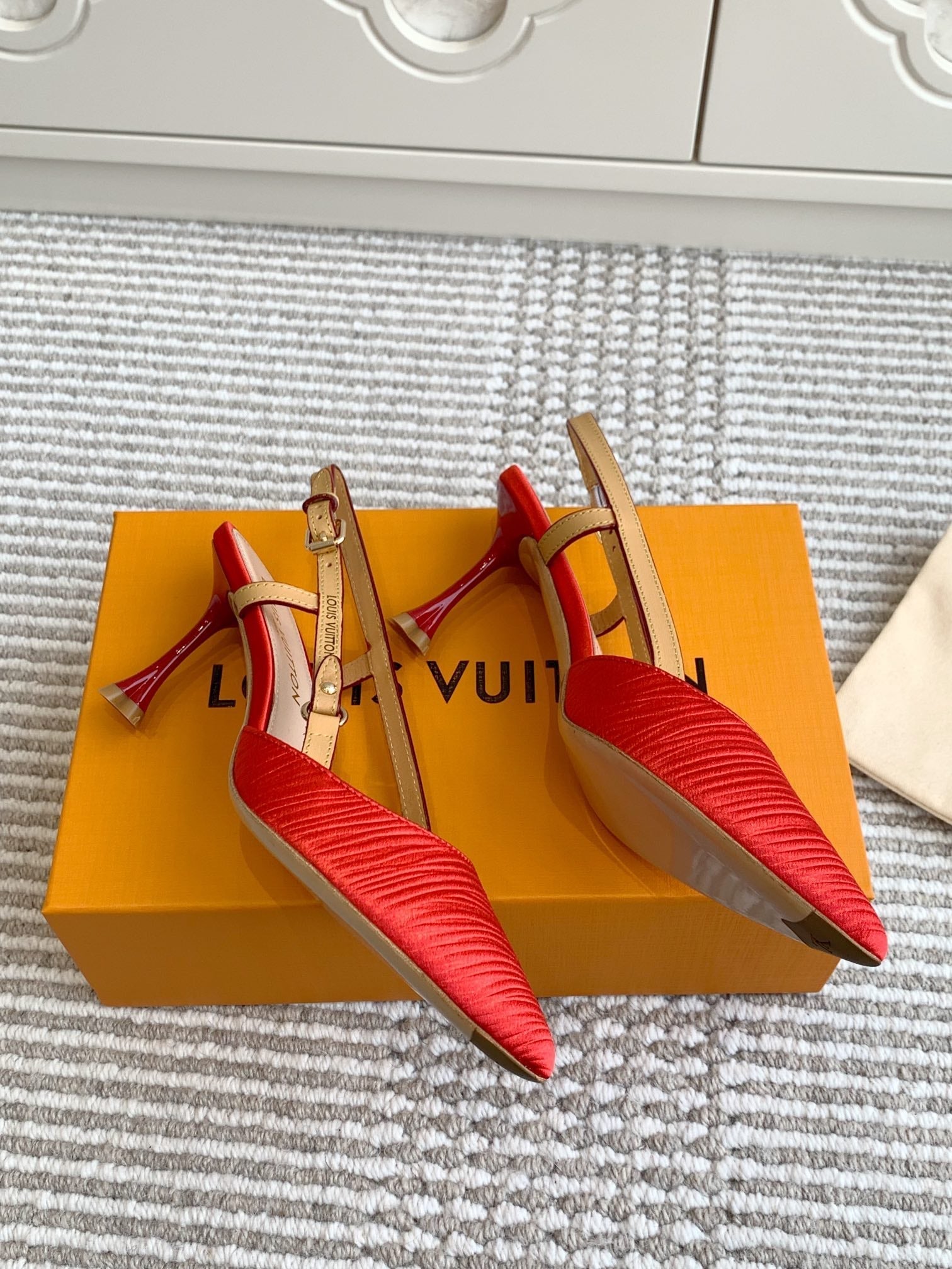 LOUIS VUITTON BLOSSOM SLINGBACKS 75 MM IN CHERRY RED IMPORTED STRIPED SILK SATIN