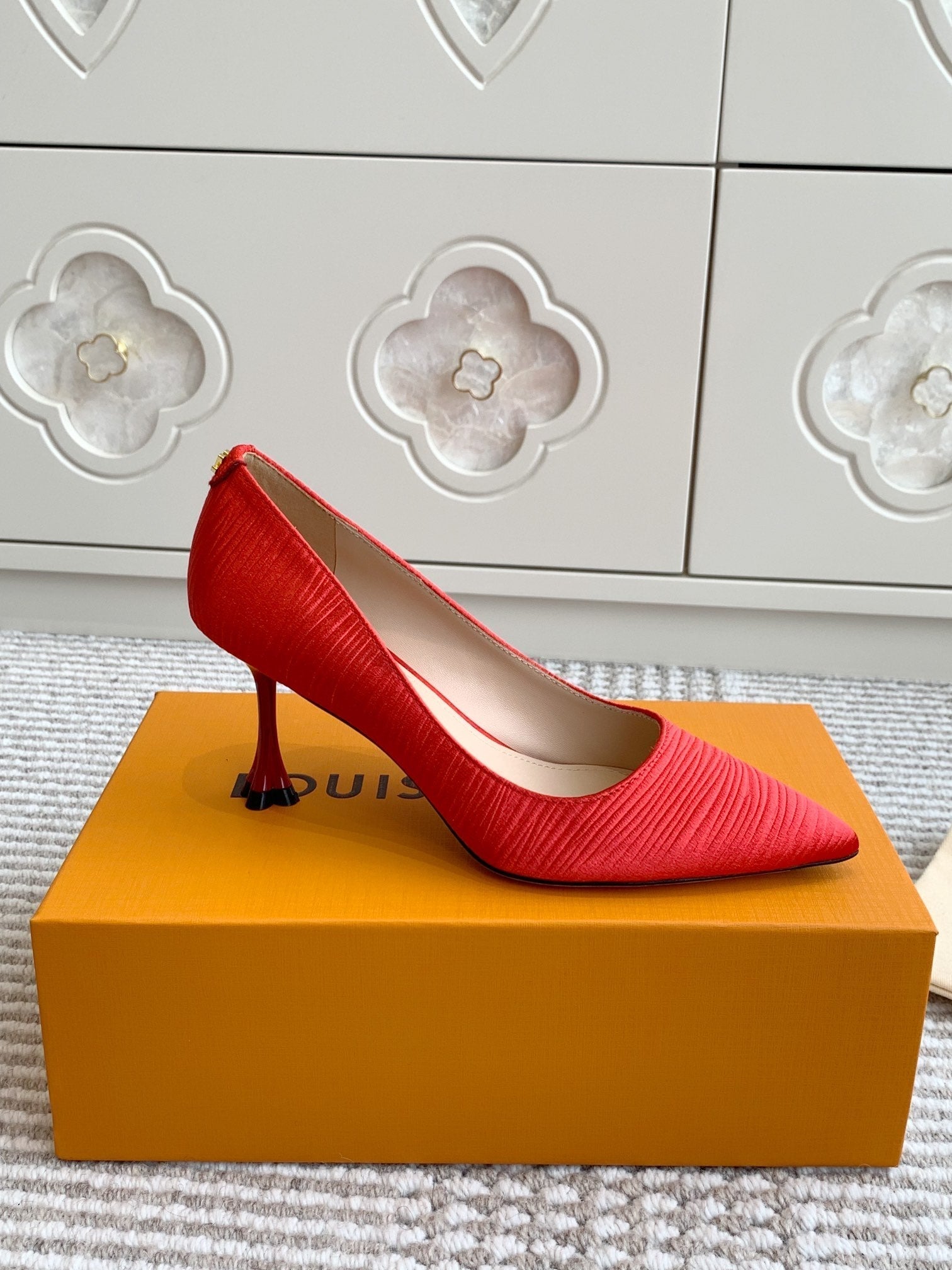 LOUIS VUITTON BLOSSOM PUMP 75 MM IN CHERRY RED IMPORTED STRIPED SILK SATIN