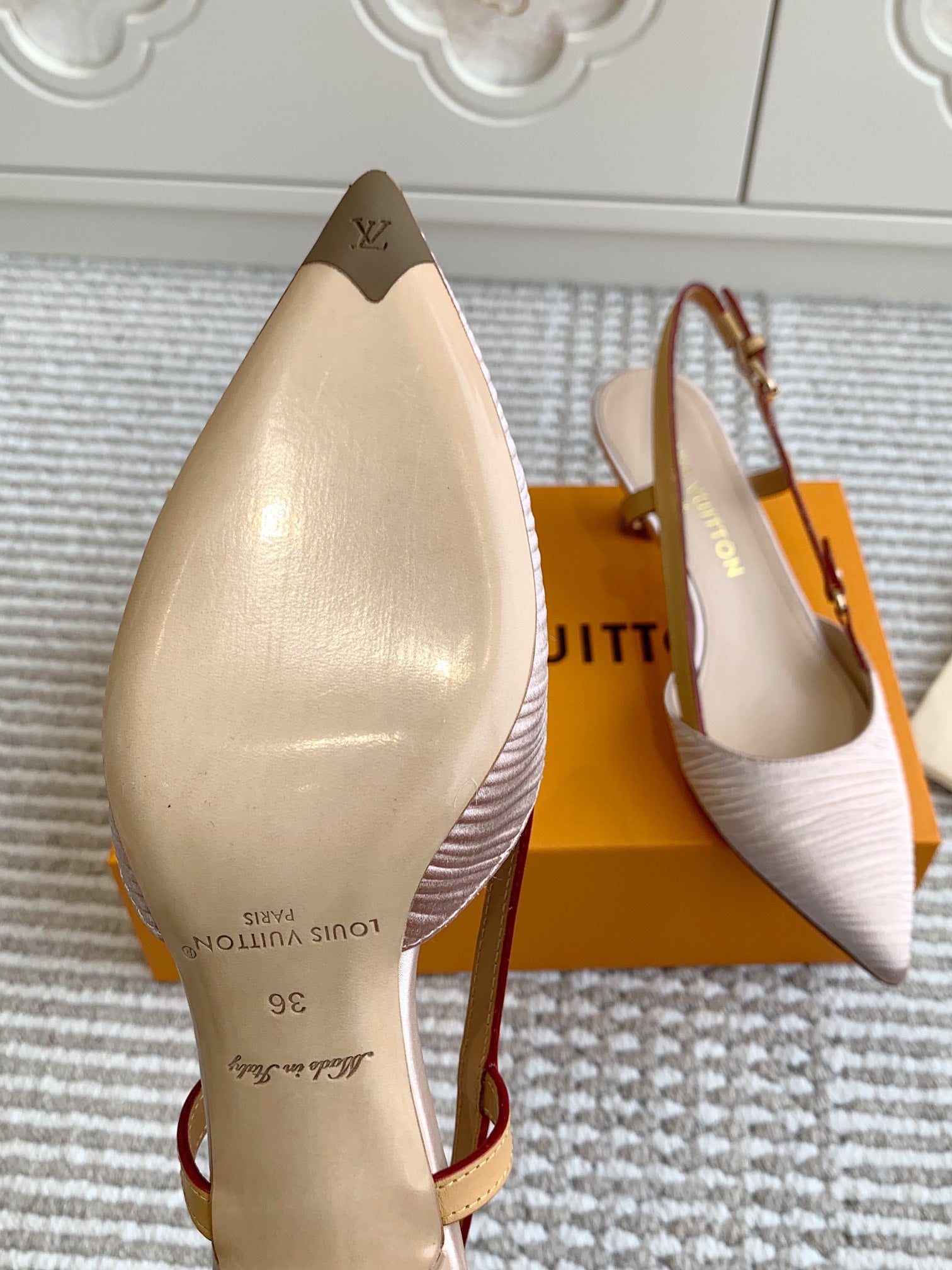LOUIS VUITTON BLOSSOM SLINGBACKS 55 MM IN LIGHT PINK IMPORTED STRIPED SILK SATIN