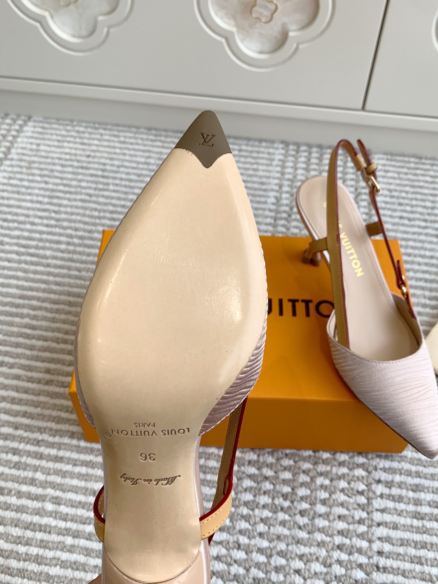 LOUIS VUITTON BLOSSOM SLINGBACKS 75 MM IN LIGHT PINK IMPORTED STRIPED SILK SATIN