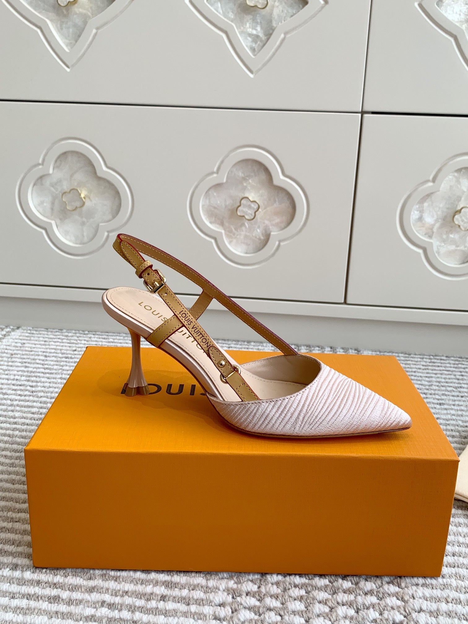 LOUIS VUITTON BLOSSOM SLINGBACKS 75 MM IN LIGHT PINK IMPORTED STRIPED SILK SATIN
