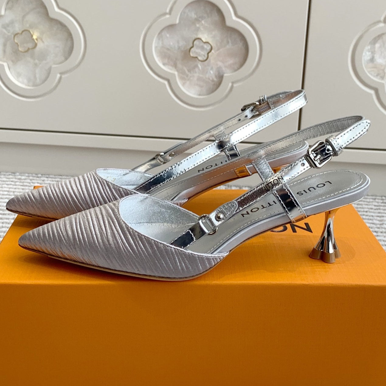 LOUIS VUITTON BLOSSOM SLINGBACKS 55 MM IN SILVER IMPORTED STRIPED SILK SATIN
