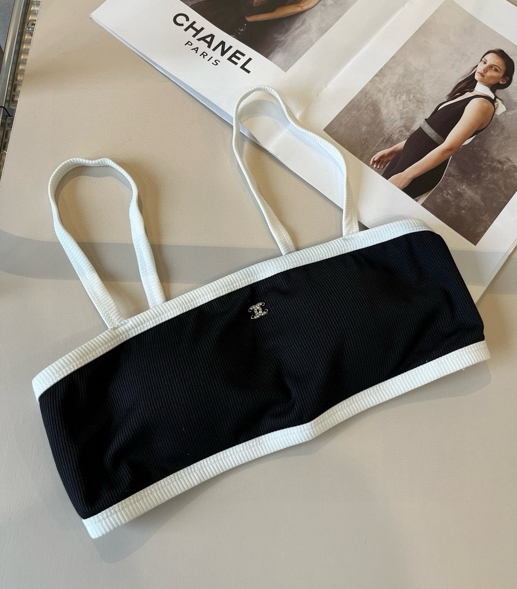 CHANEL BIKINI SWIMSUIT SET BLACK WHITE 174796