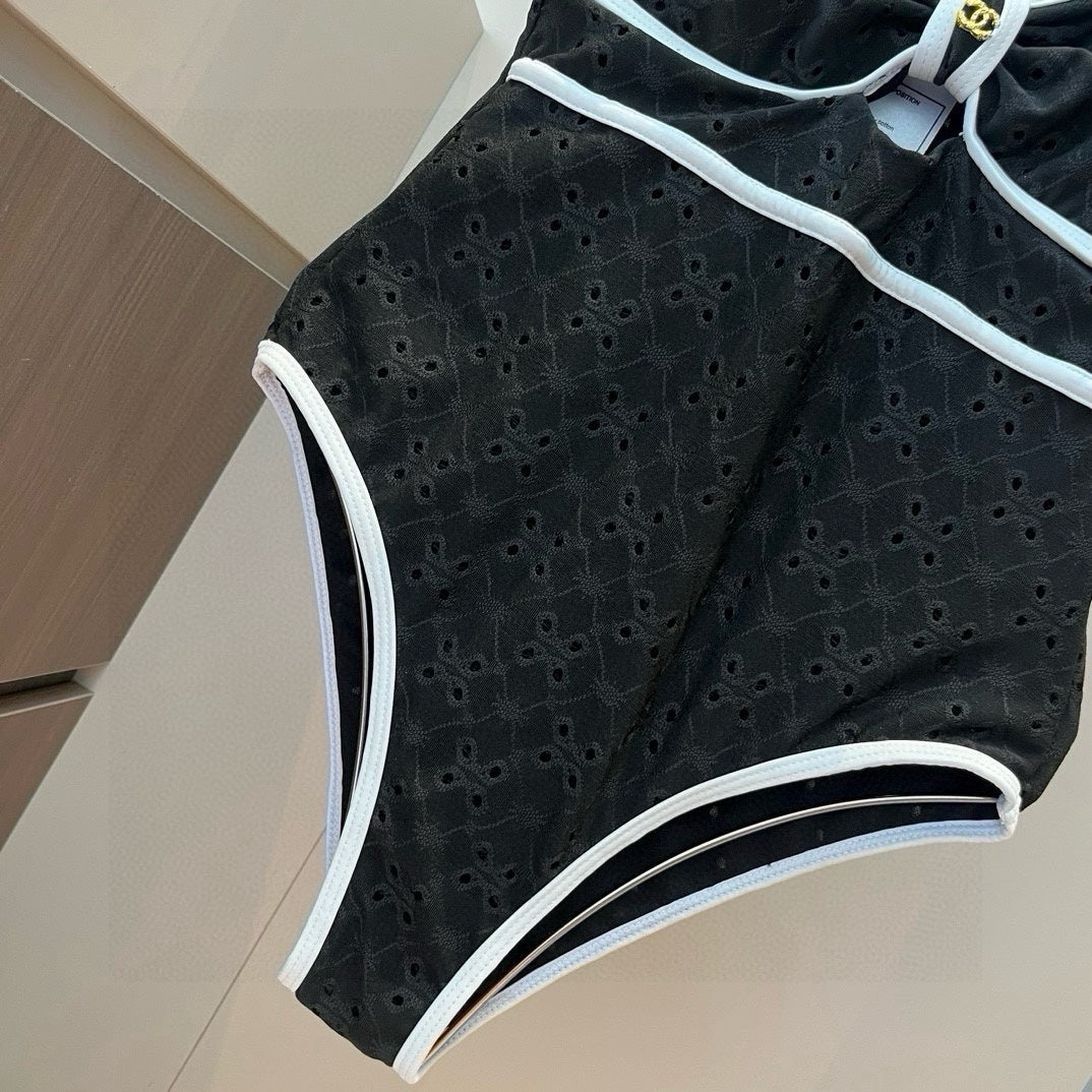 CHANEL BIKINI SWIMSUIT SET IN BLACK AND WHITE TRIM 594785