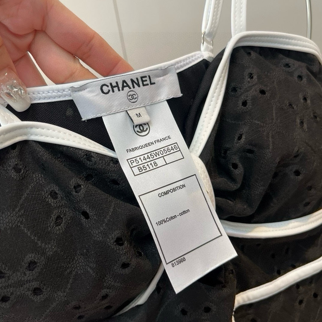 CHANEL BIKINI SWIMSUIT SET IN BLACK AND WHITE TRIM 594785