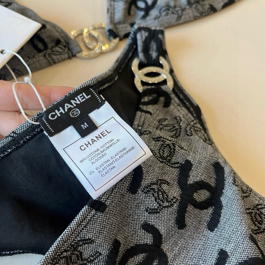 CHANEL SWIMSUIT IN GREY AND BLACK PRINTED LOGO 604224