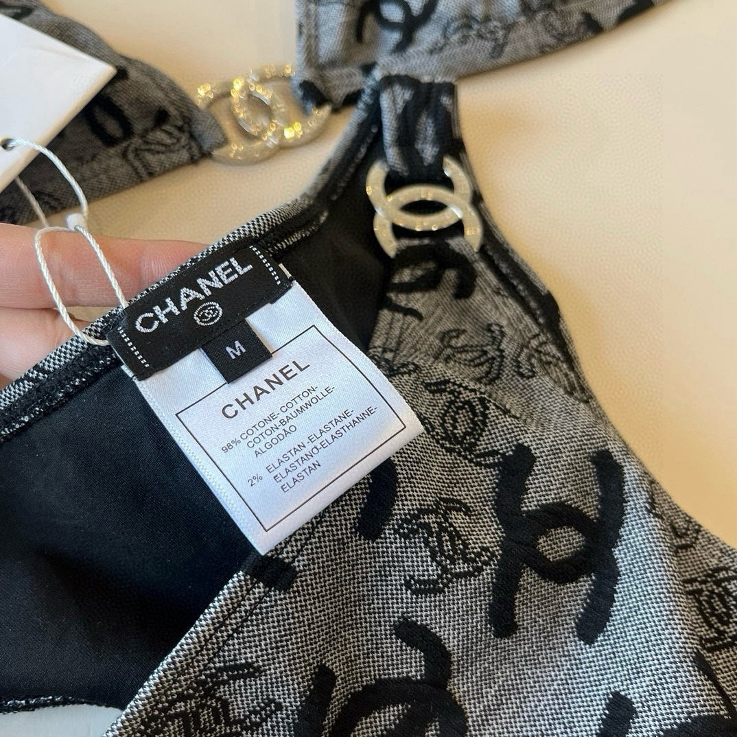 CHANEL SWIMSUIT IN GREY AND BLACK PRINTED LOGO 604224