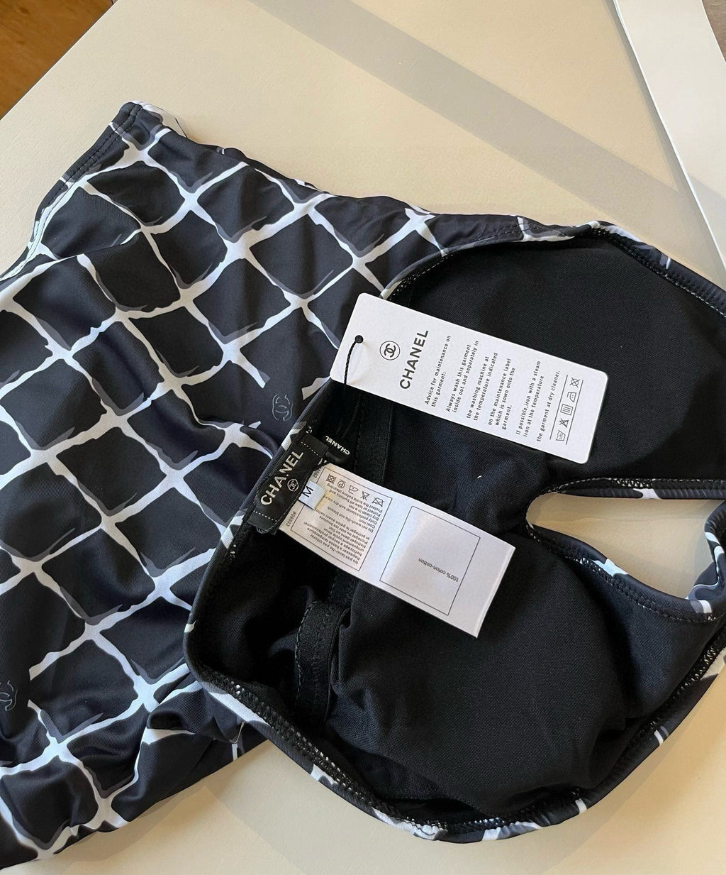 CHANEL BIKINI SWIMSUIT SET IN WHITE CHECKERED PRINT ON BLACK BACKGROUND 624545