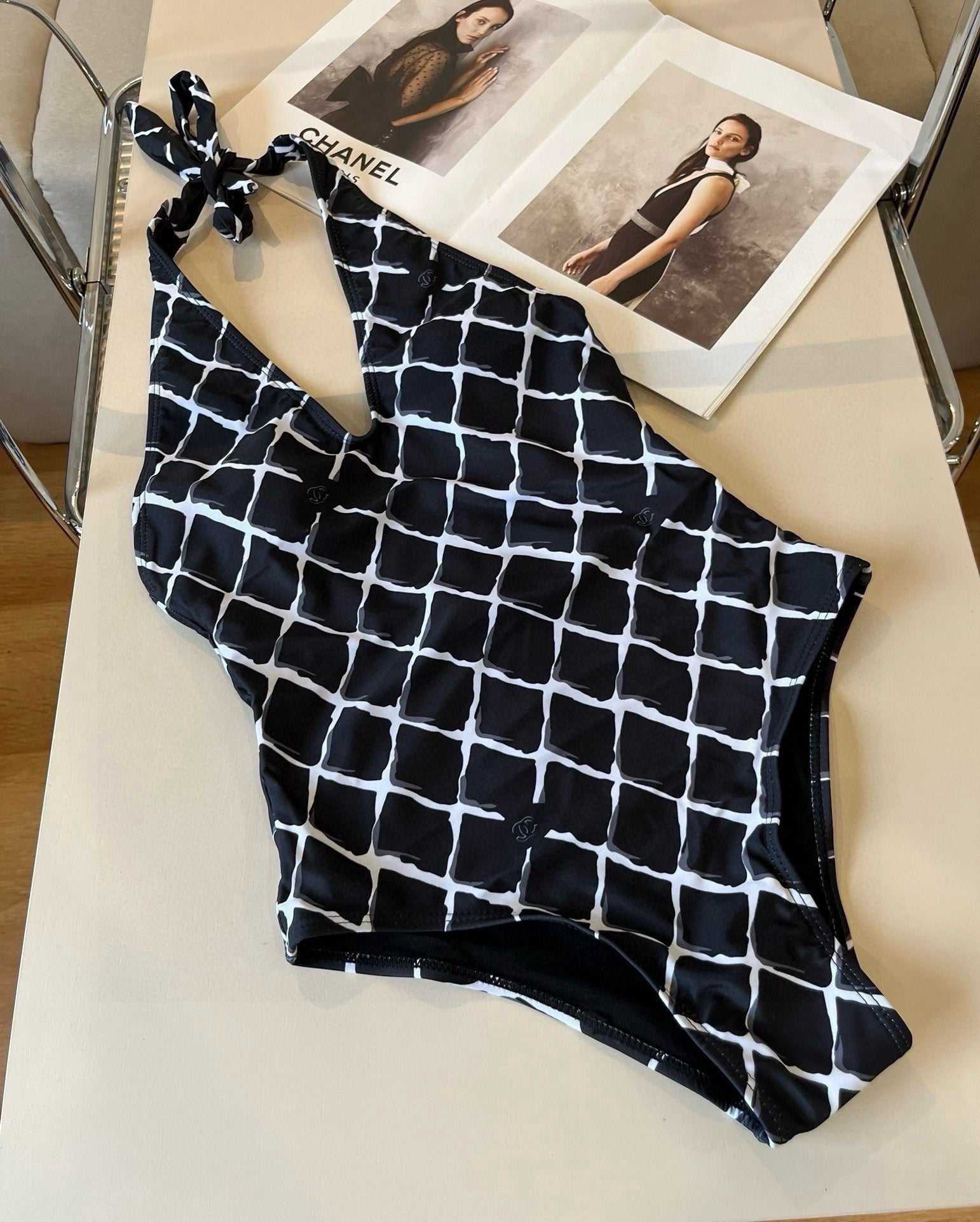 CHANEL BIKINI SWIMSUIT SET IN WHITE CHECKERED PRINT ON BLACK BACKGROUND 624545