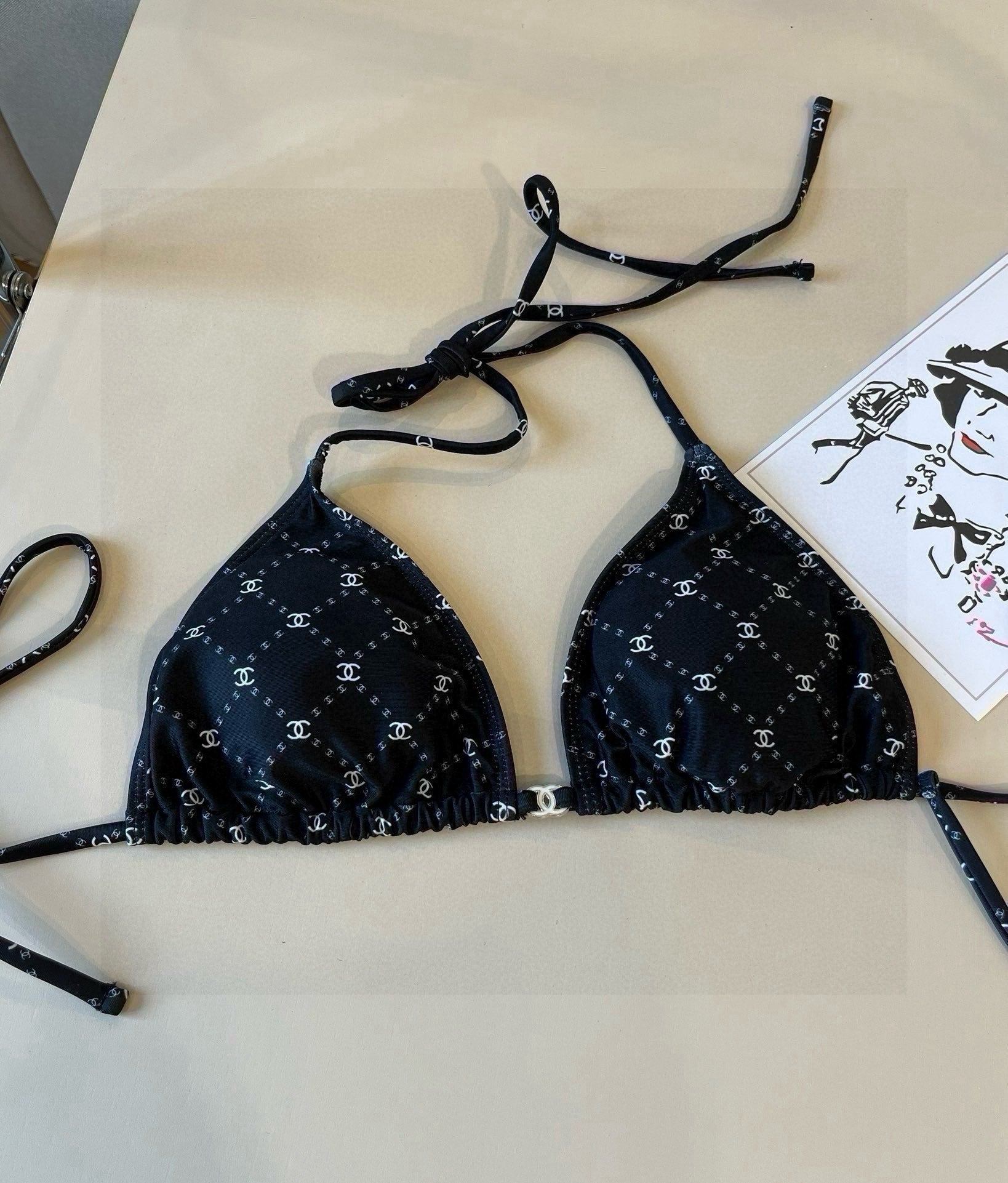 CHANEL BIKINI SWIMSUIT SET IN BLACK AND WHITE PLAID 629230