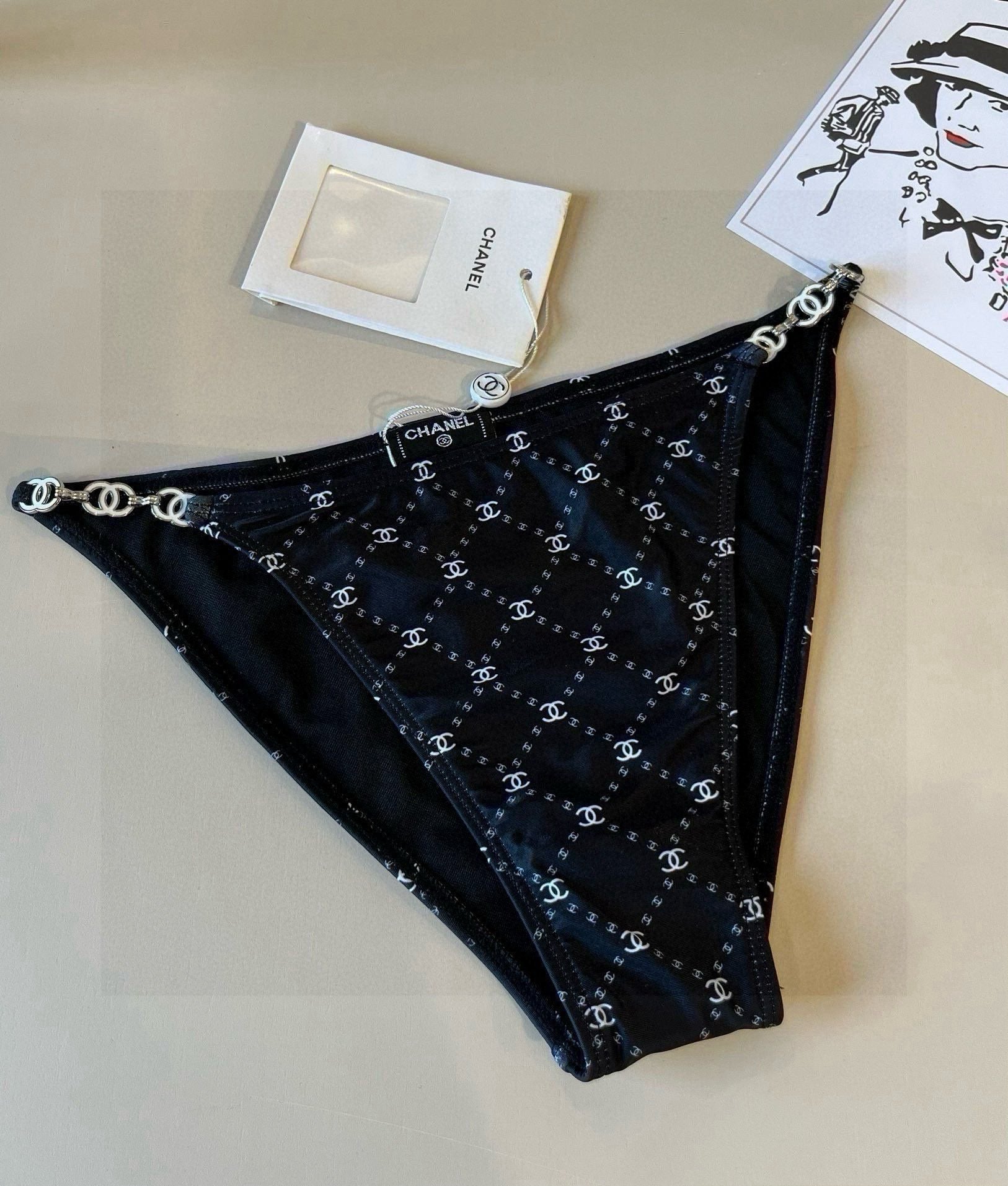 CHANEL BIKINI SWIMSUIT SET IN BLACK AND WHITE PLAID 629230