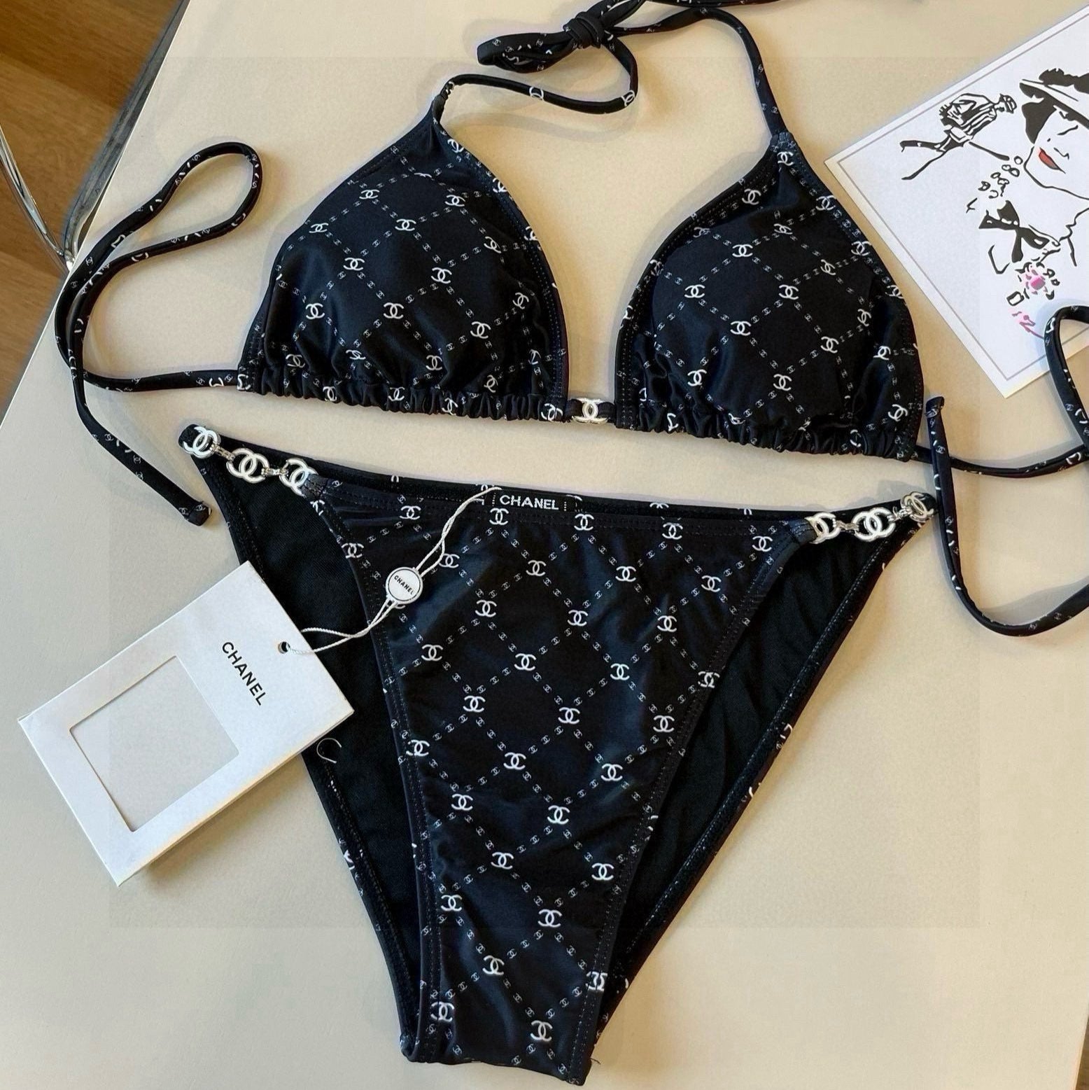 CHANEL BIKINI SWIMSUIT SET IN BLACK AND WHITE PLAID 629230
