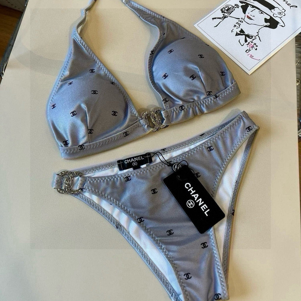 CHANEL BIKINI SWIMSUIT SET IN GREY PRINTED LOGO 629237