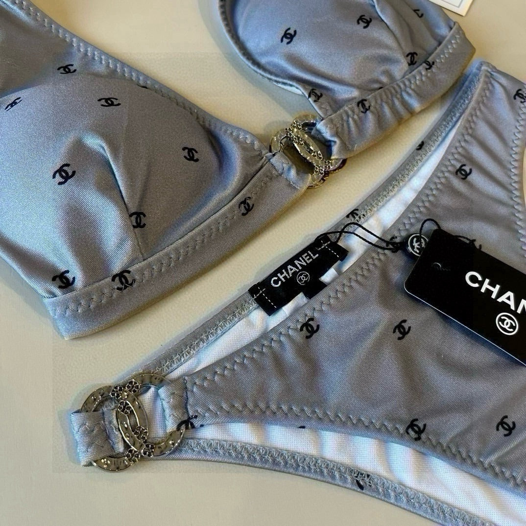 CHANEL BIKINI SWIMSUIT SET IN GREY PRINTED LOGO 629237