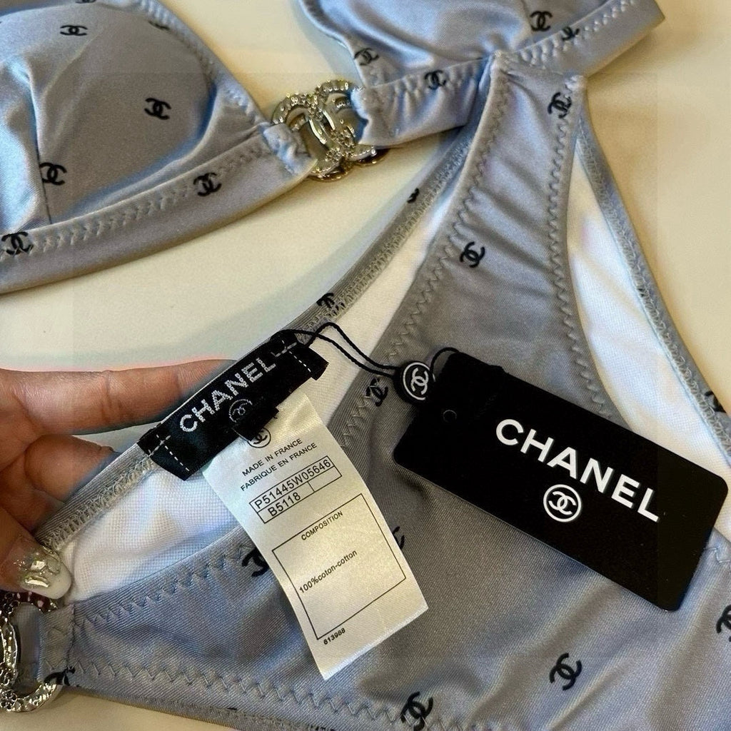 CHANEL BIKINI SWIMSUIT SET IN GREY PRINTED LOGO 629237