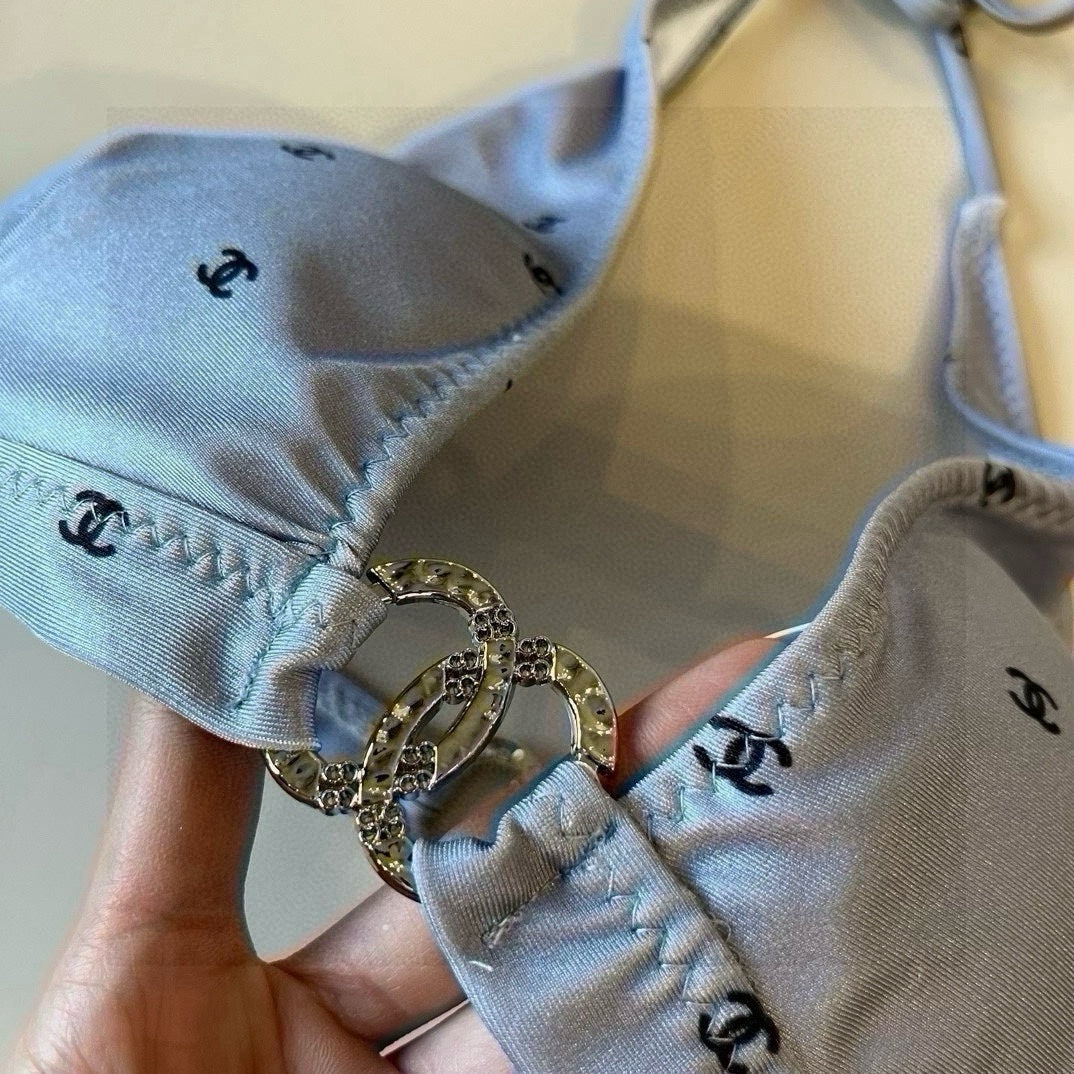 CHANEL BIKINI SWIMSUIT SET IN GREY PRINTED LOGO 629237