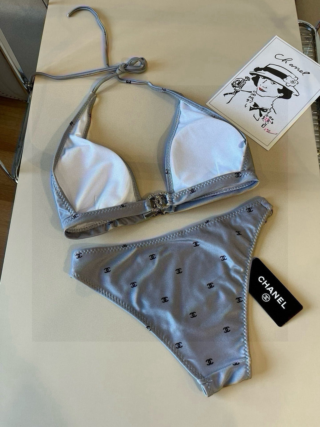 CHANEL BIKINI SWIMSUIT SET IN GREY PRINTED LOGO 629237