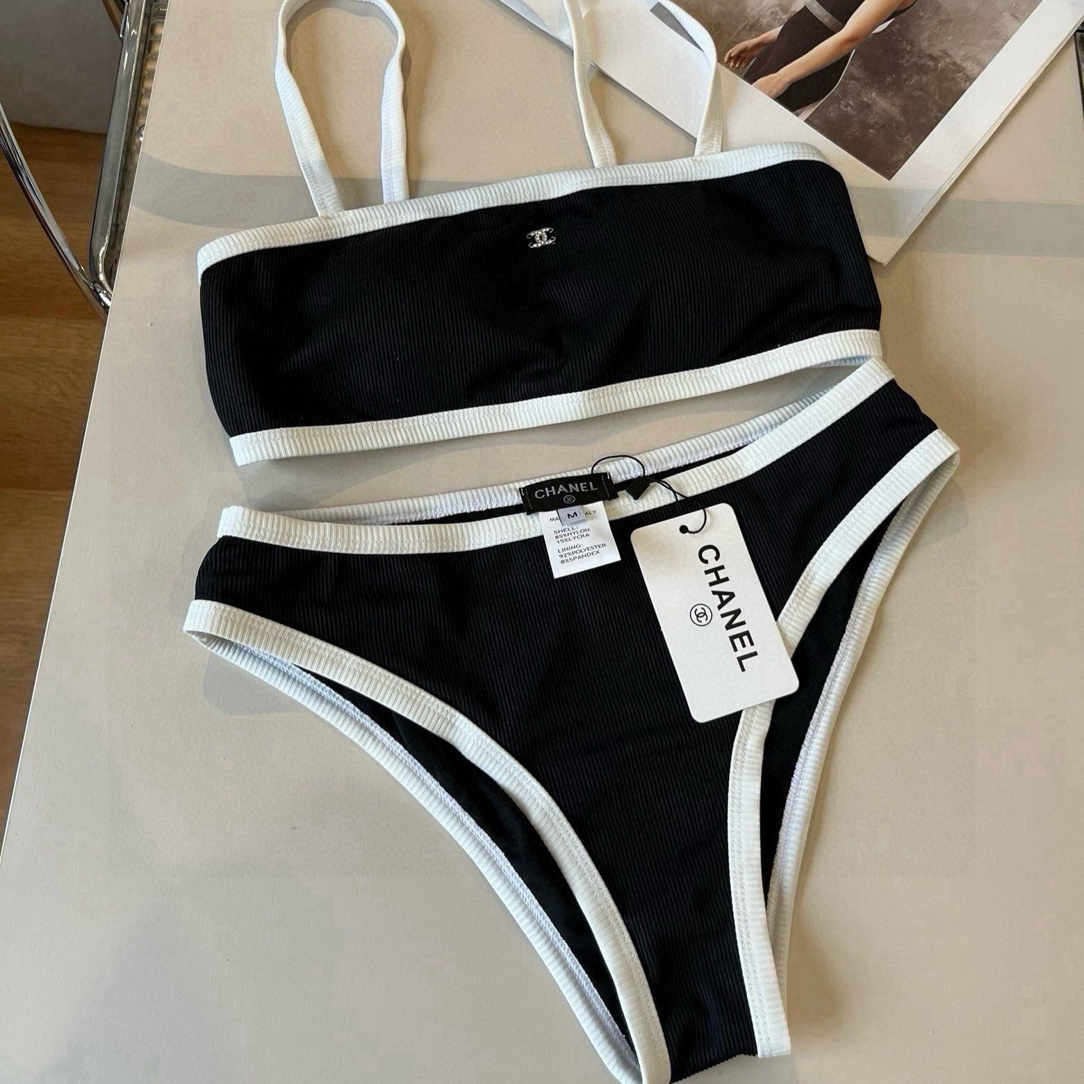 CHANEL BIKINI SWIMSUIT SET IN BLACK AND WHITE TRIM 633212