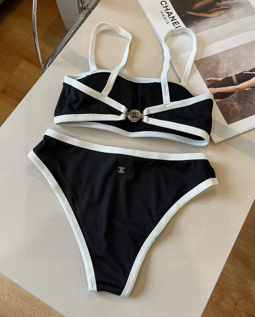 CHANEL BIKINI SWIMSUIT SET IN BLACK AND WHITE TRIM 633212