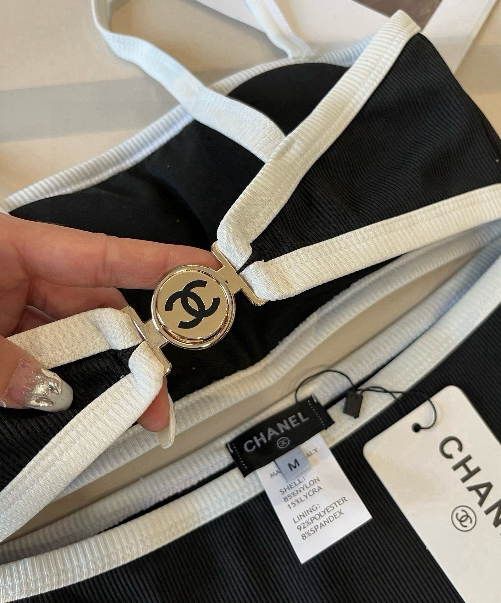 CHANEL BIKINI SWIMSUIT SET IN BLACK AND WHITE TRIM 633212